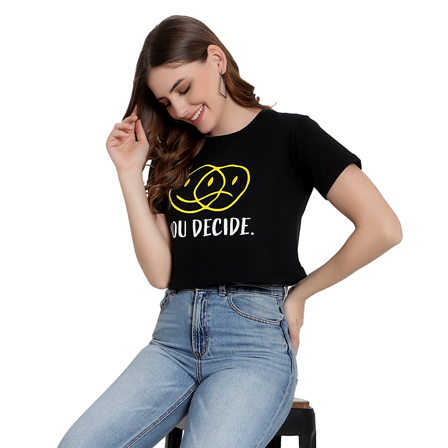 Women's Black Printed Crop Top – Half Sleeves Cotton T-Shirt