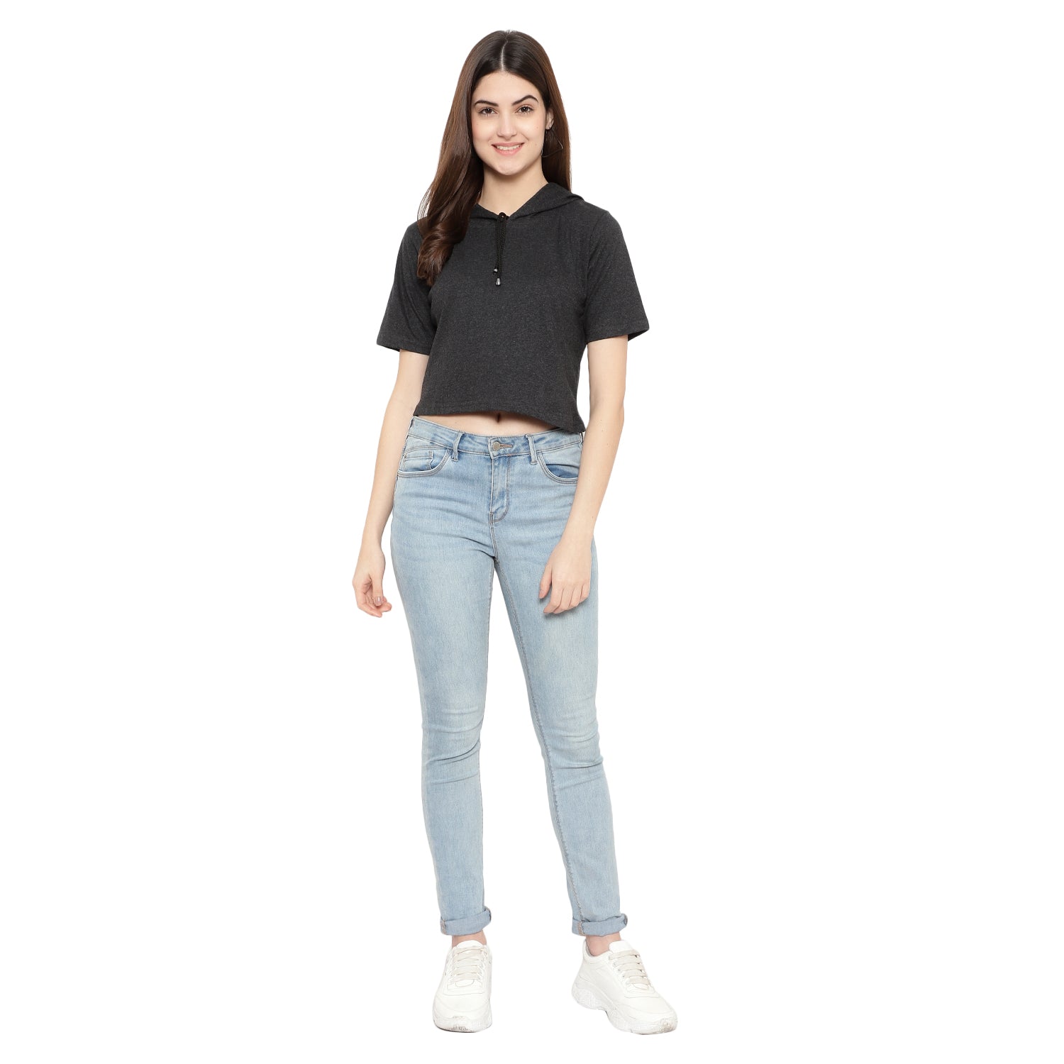 Women Half-Sleeve Crop Hoodie T-Shirt – Stylish & Comfortable Cotton Tee