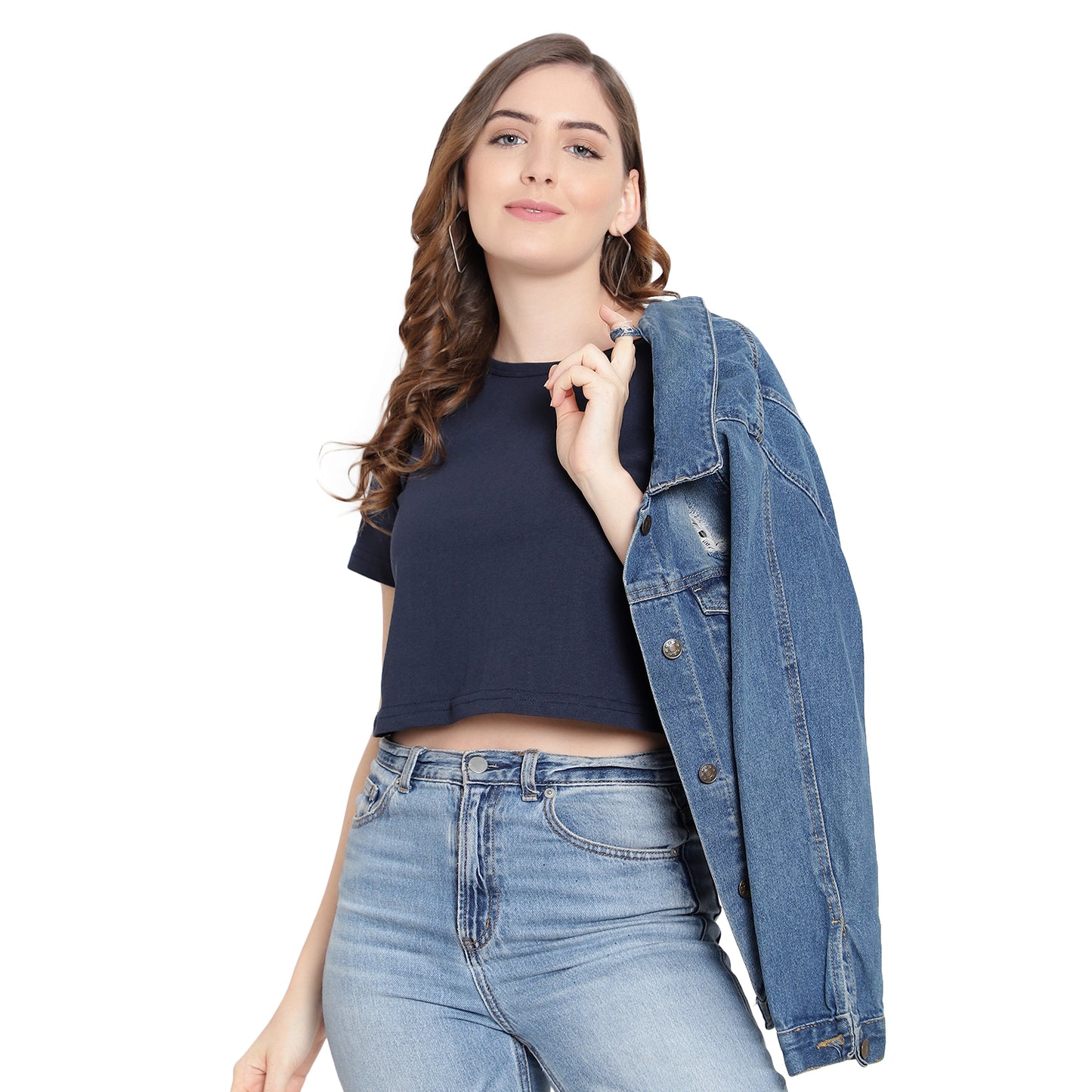 Women’s Navy Blue Plain Crop Top – Pure Cotton T-Shirt