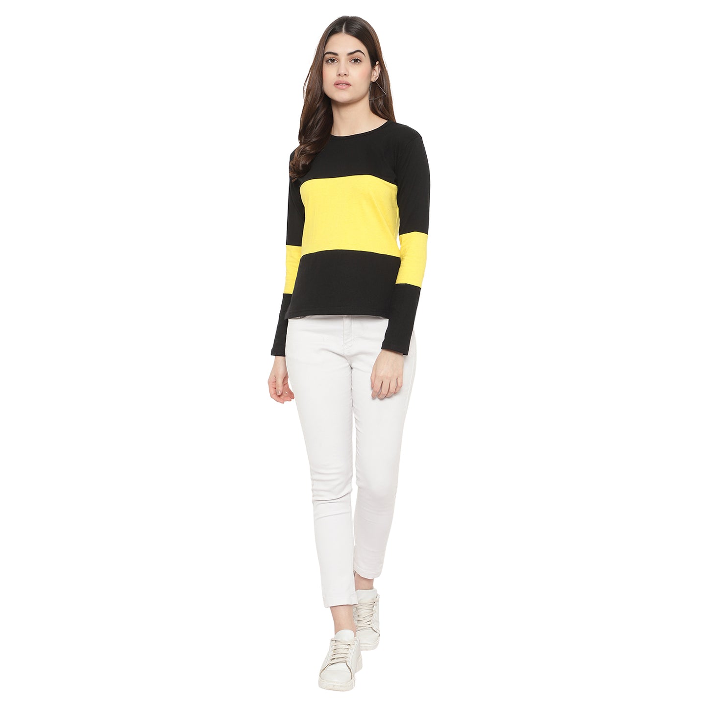 Women's Full-Sleeve Cotton Color Block T-Shirt – Trendy & Comfortable