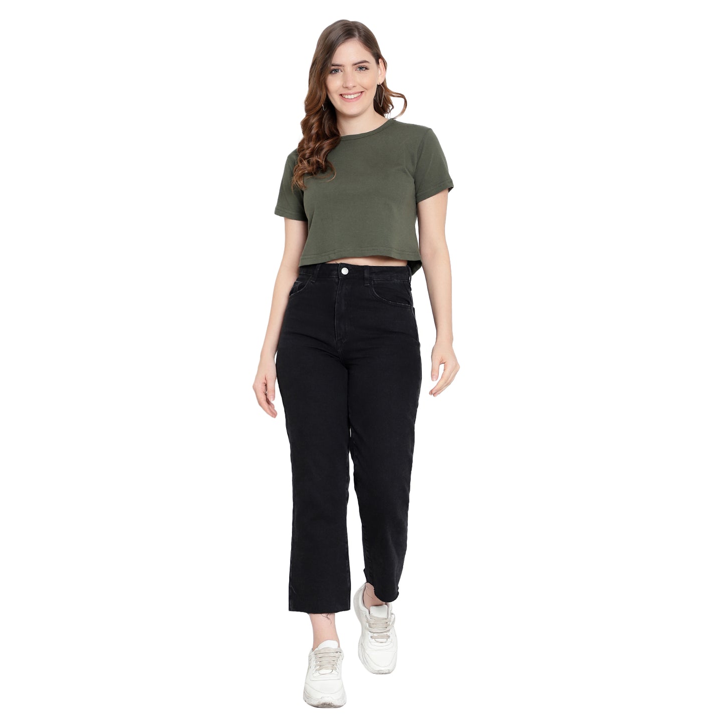 Women’s Olive Plain Crop Top – Pure Cotton T-Shirt