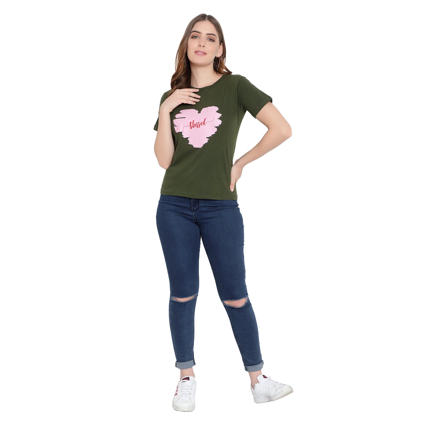 Women’s Olive Cotton Printed Half-Sleeve T-Shirt – Stylish & Comfortable
