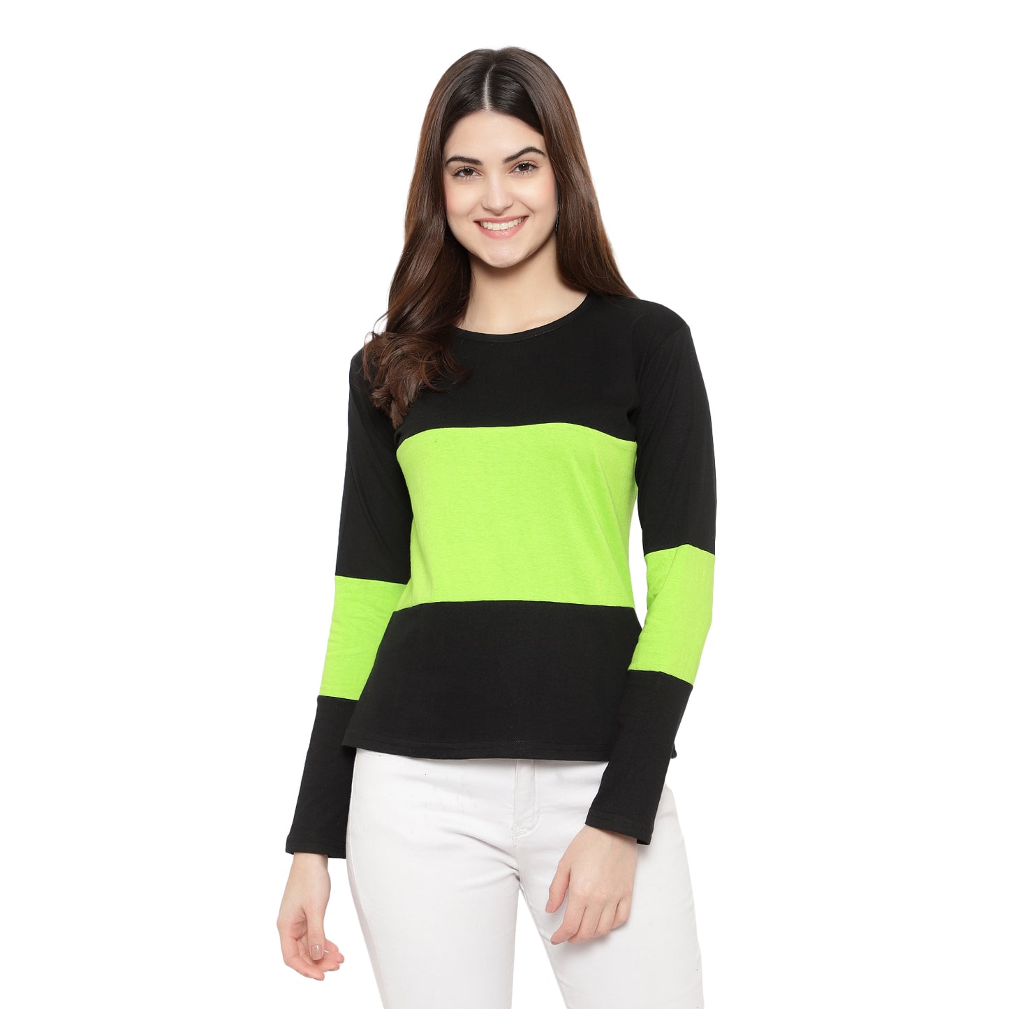 Women's Full-Sleeve Cotton Color Block T-Shirt – Trendy & Comfortable