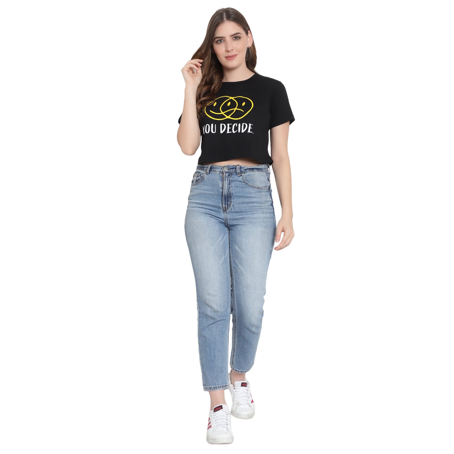 Women's Black Printed Crop Top – Half Sleeves Cotton T-Shirt