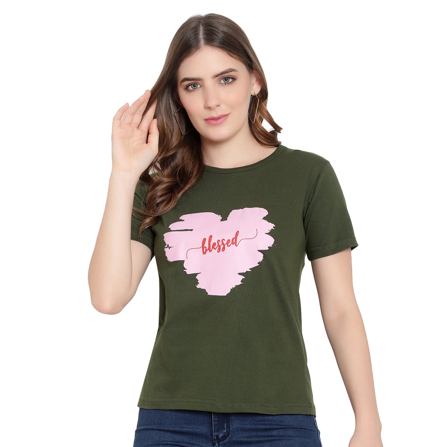 Women’s Olive Cotton Printed Half-Sleeve T-Shirt – Stylish & Comfortable