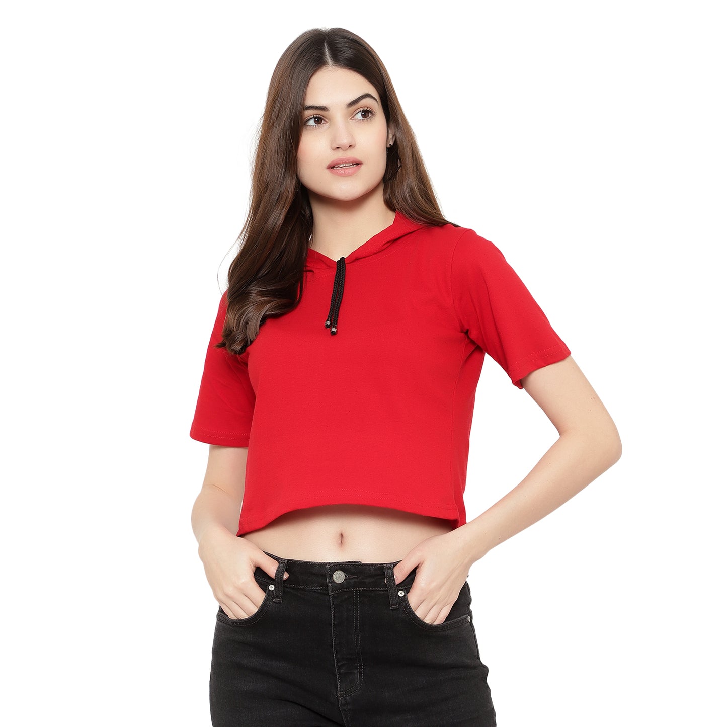 Women Half-Sleeve Crop Hoodie T-Shirt – Stylish & Comfortable Cotton Tee