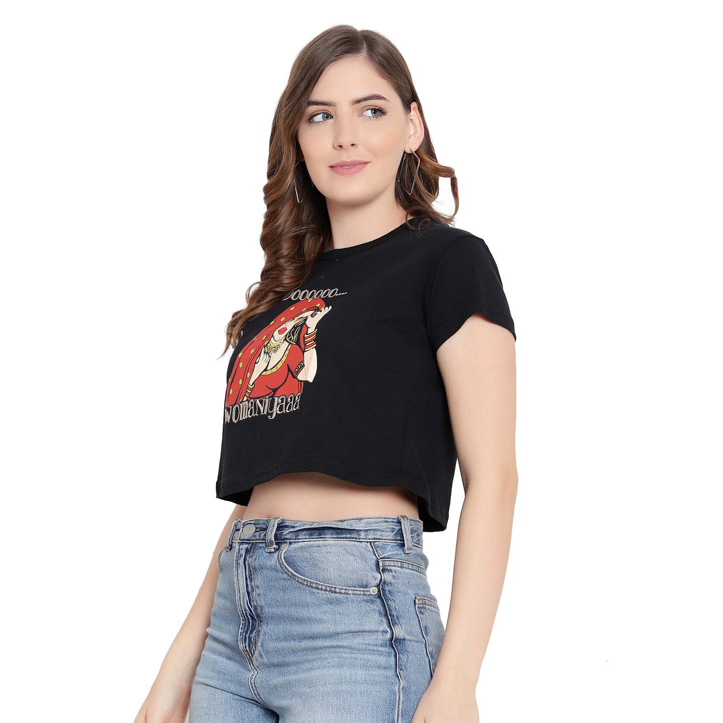 Women's Black Printed Crop Top – Half Sleeves Cotton T-Shirt