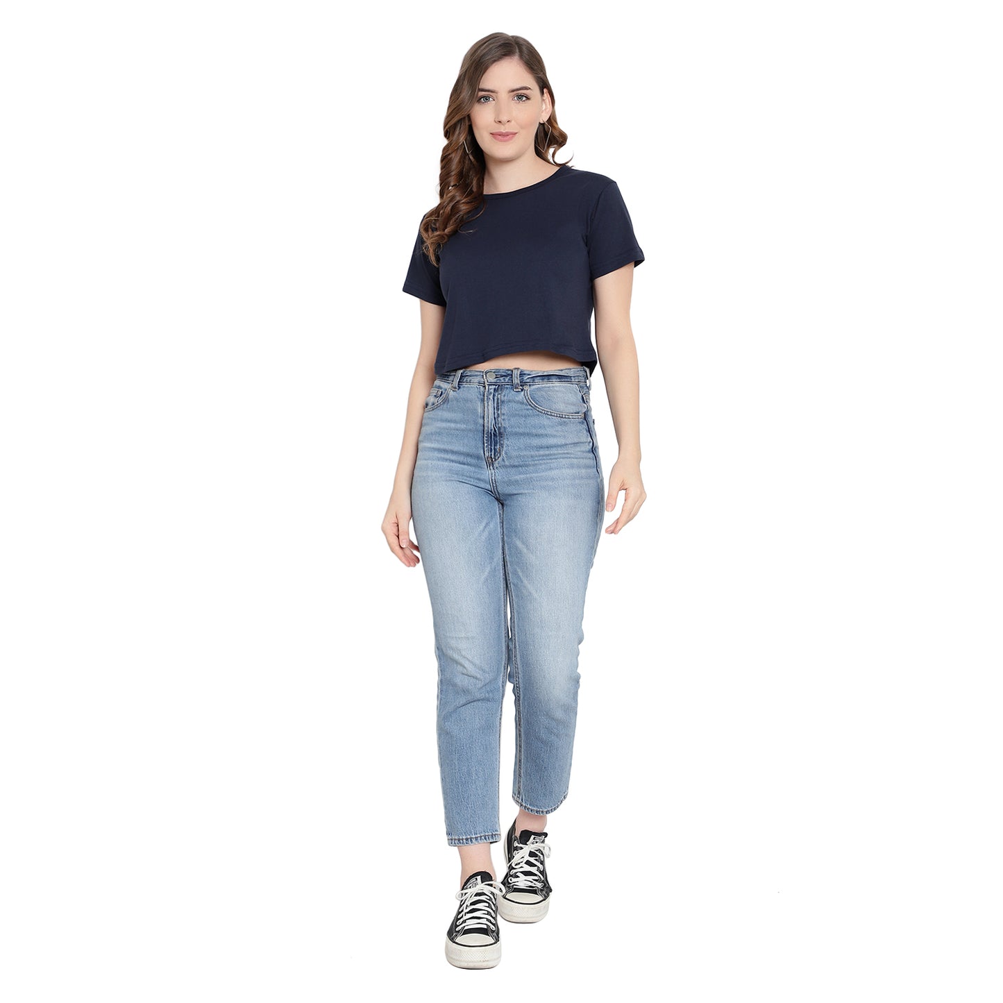 Women’s Navy Blue Plain Crop Top – Pure Cotton T-Shirt