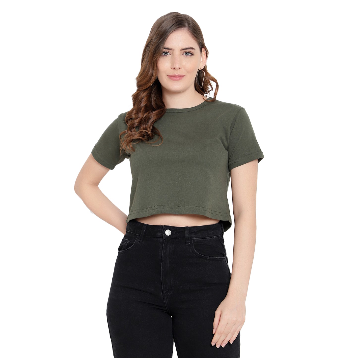 Women’s Olive Plain Crop Top – Pure Cotton T-Shirt