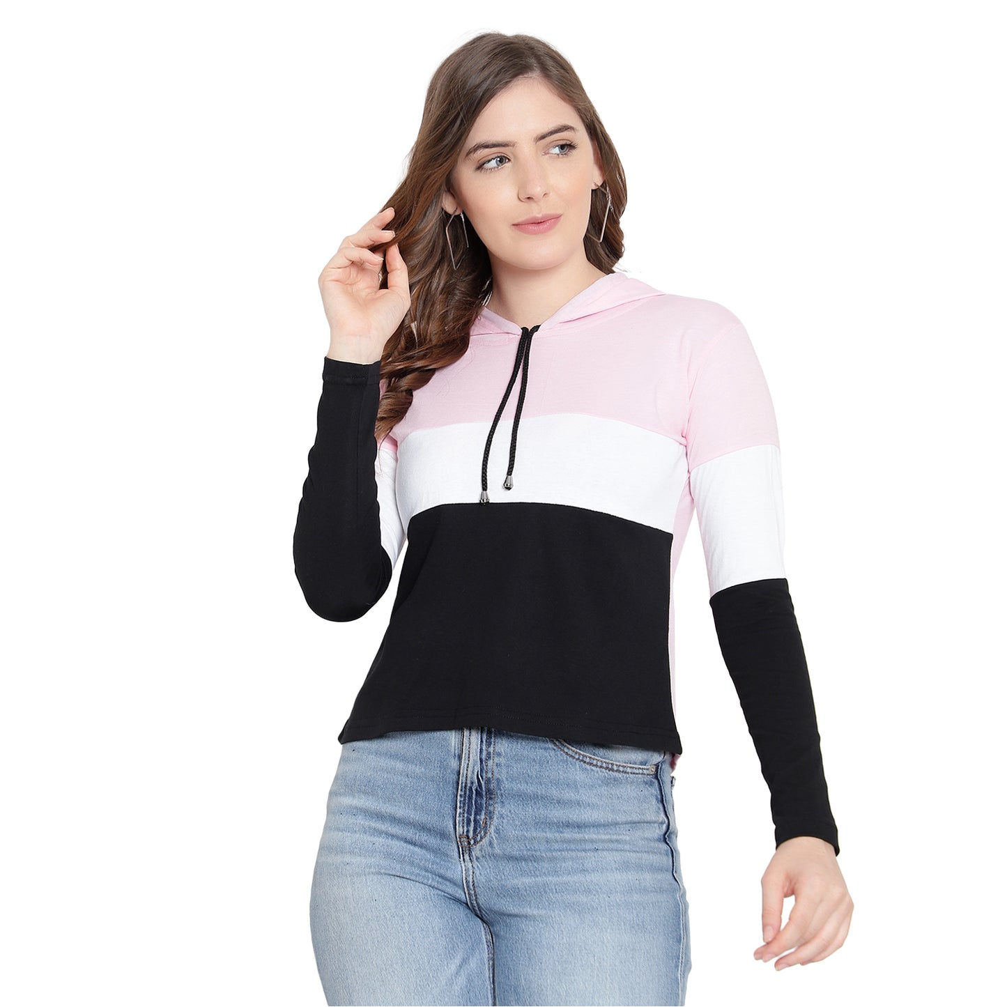 Women's Full-Sleeve Hoodie T-Shirt – Cotton Color Block Solid Tee