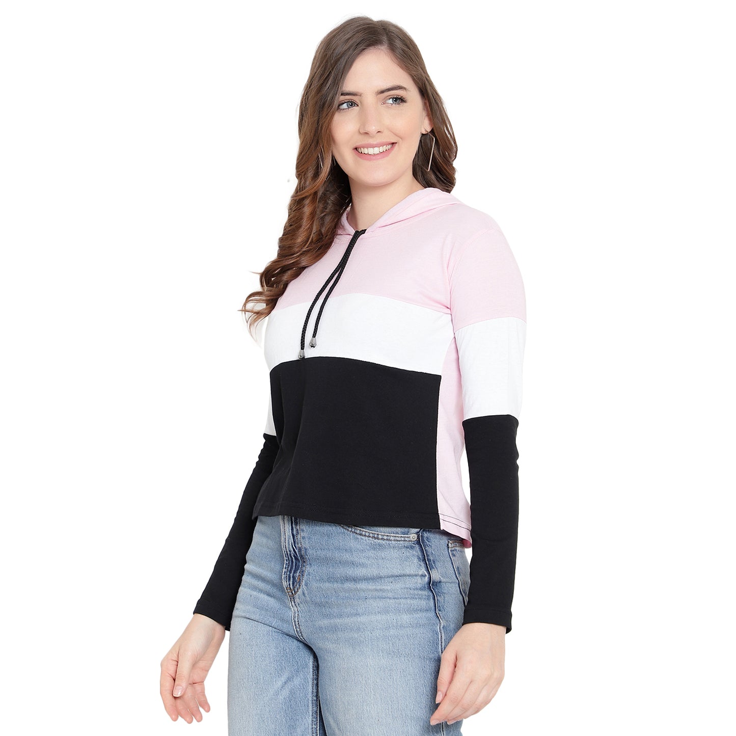 Women's Full-Sleeve Hoodie T-Shirt – Cotton Color Block Solid Tee