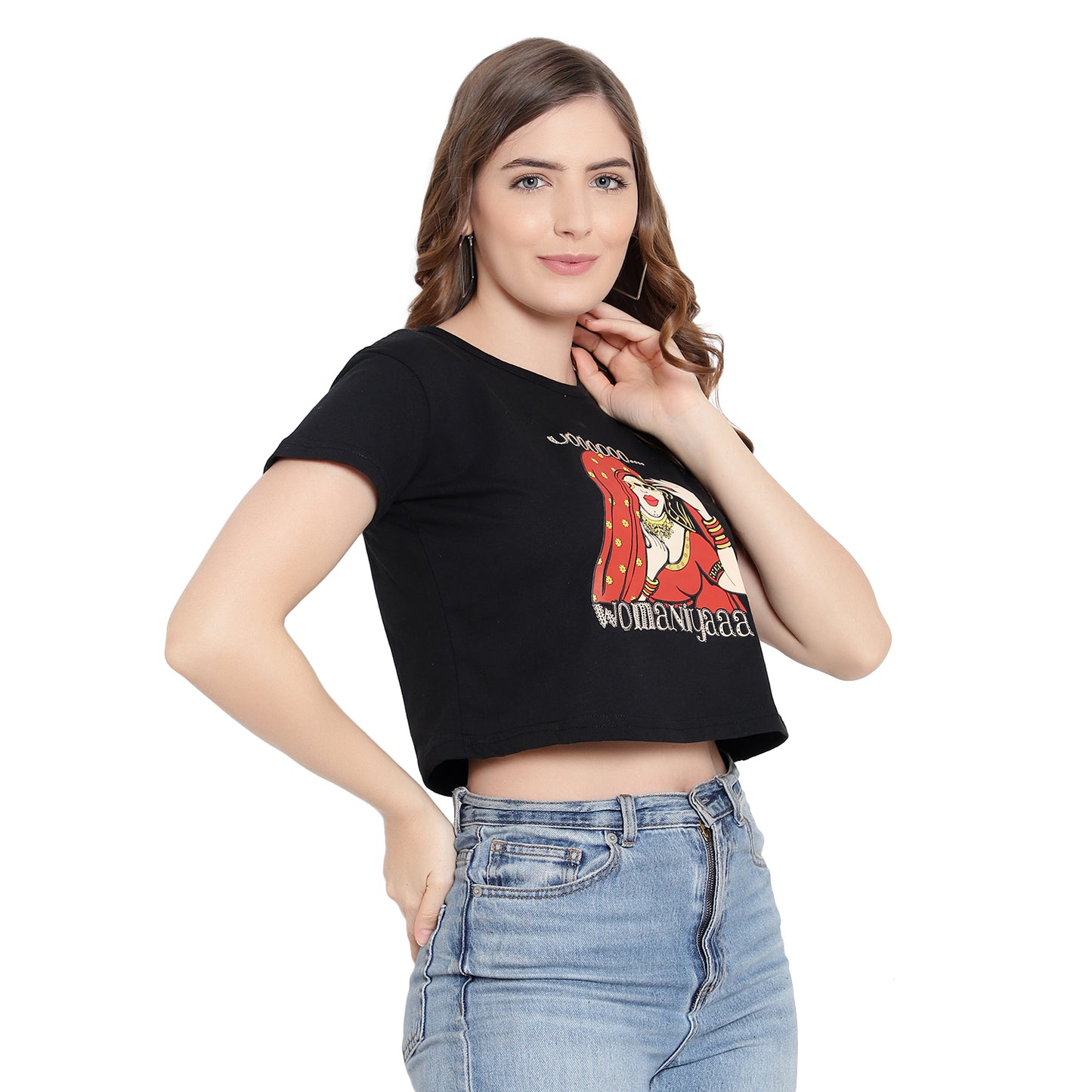 Women's Black Printed Crop Top – Half Sleeves Cotton T-Shirt