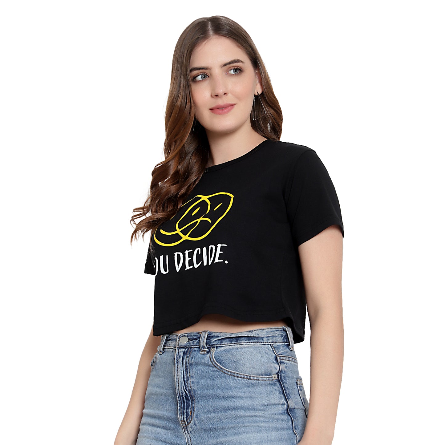 Women's Black Printed Crop Top – Half Sleeves Cotton T-Shirt