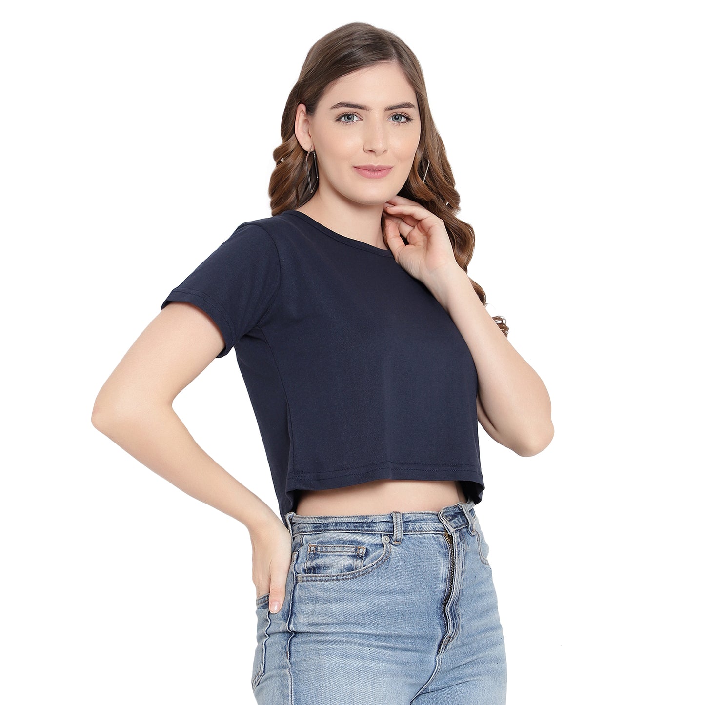 Women’s Navy Blue Plain Crop Top – Pure Cotton T-Shirt