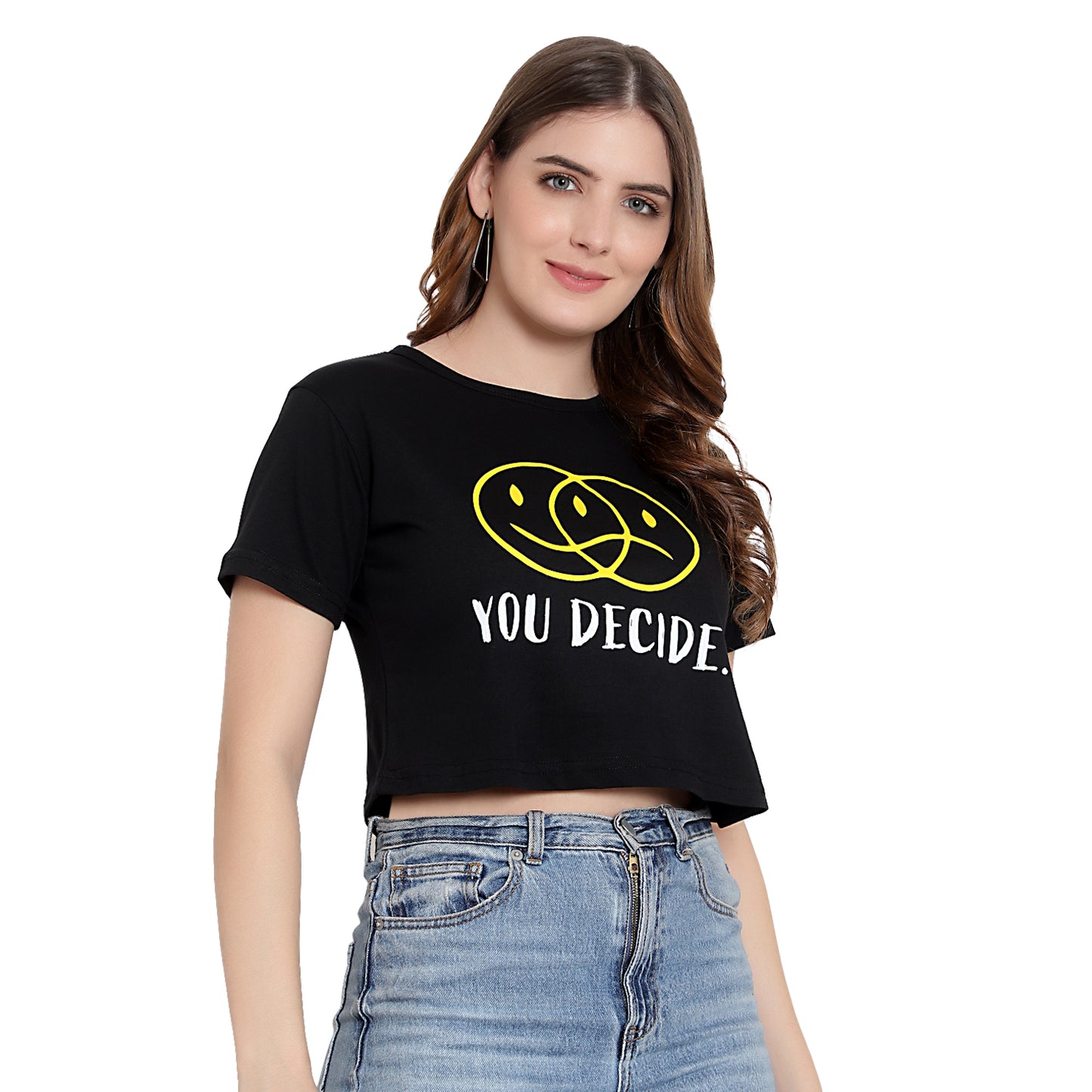 Women's Black Printed Crop Top – Half Sleeves Cotton T-Shirt