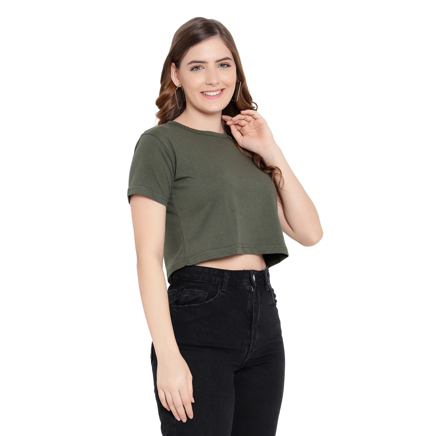 Women’s Olive Plain Crop Top – Pure Cotton T-Shirt