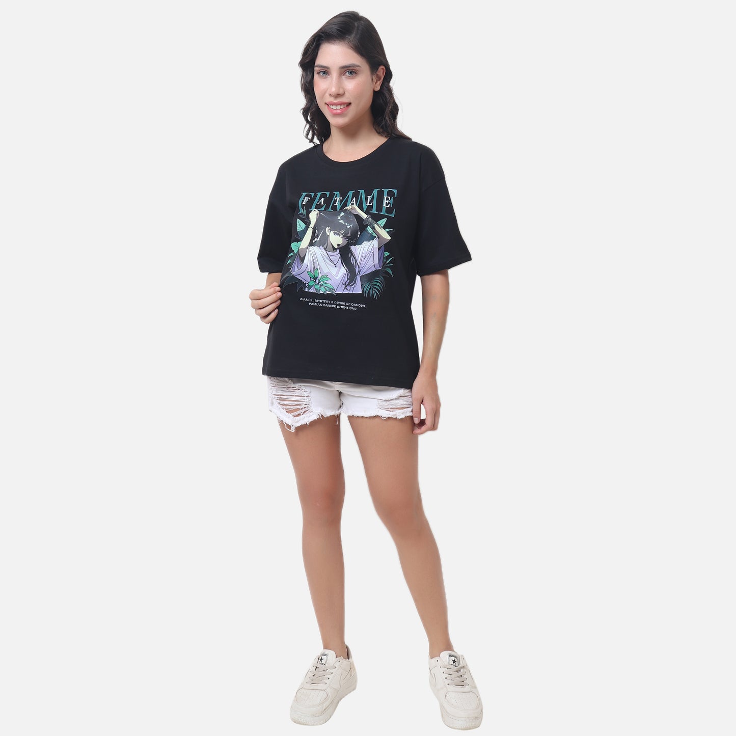 Women's Black Oversized Graphic T-Shirt with Artistic Design
