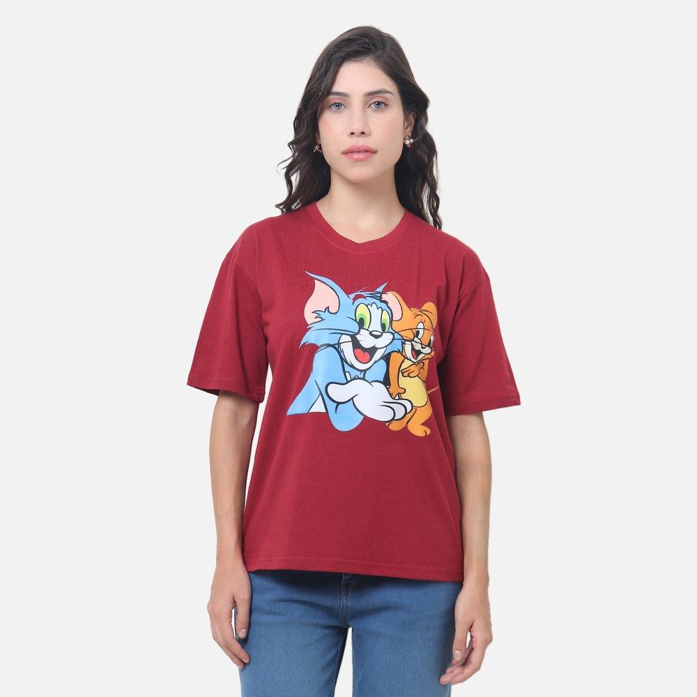 Tom and Jerry Classic Cartoon T-Shirt - Burgundy Red