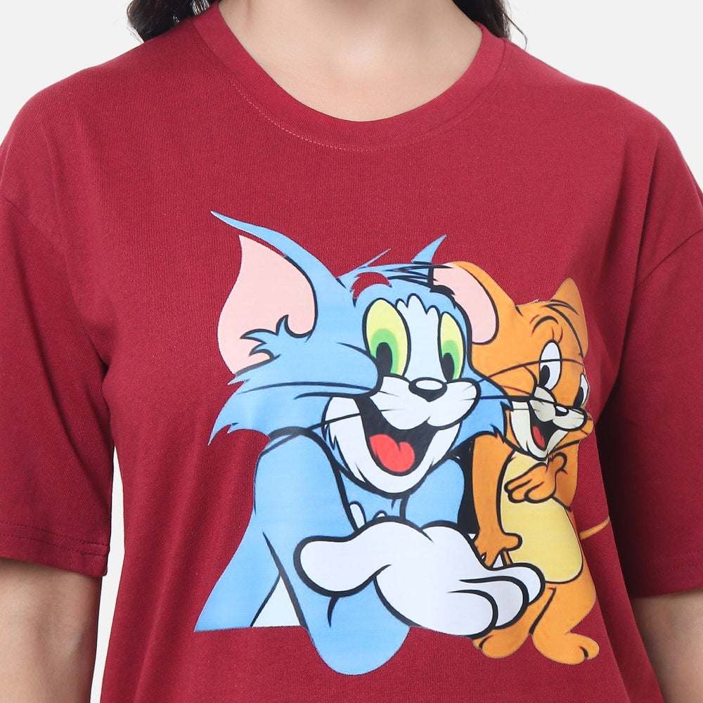 Tom and Jerry Classic Cartoon T-Shirt - Burgundy Red