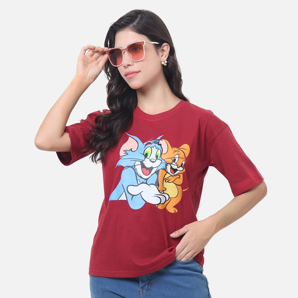 Tom and Jerry Classic Cartoon T-Shirt - Burgundy Red