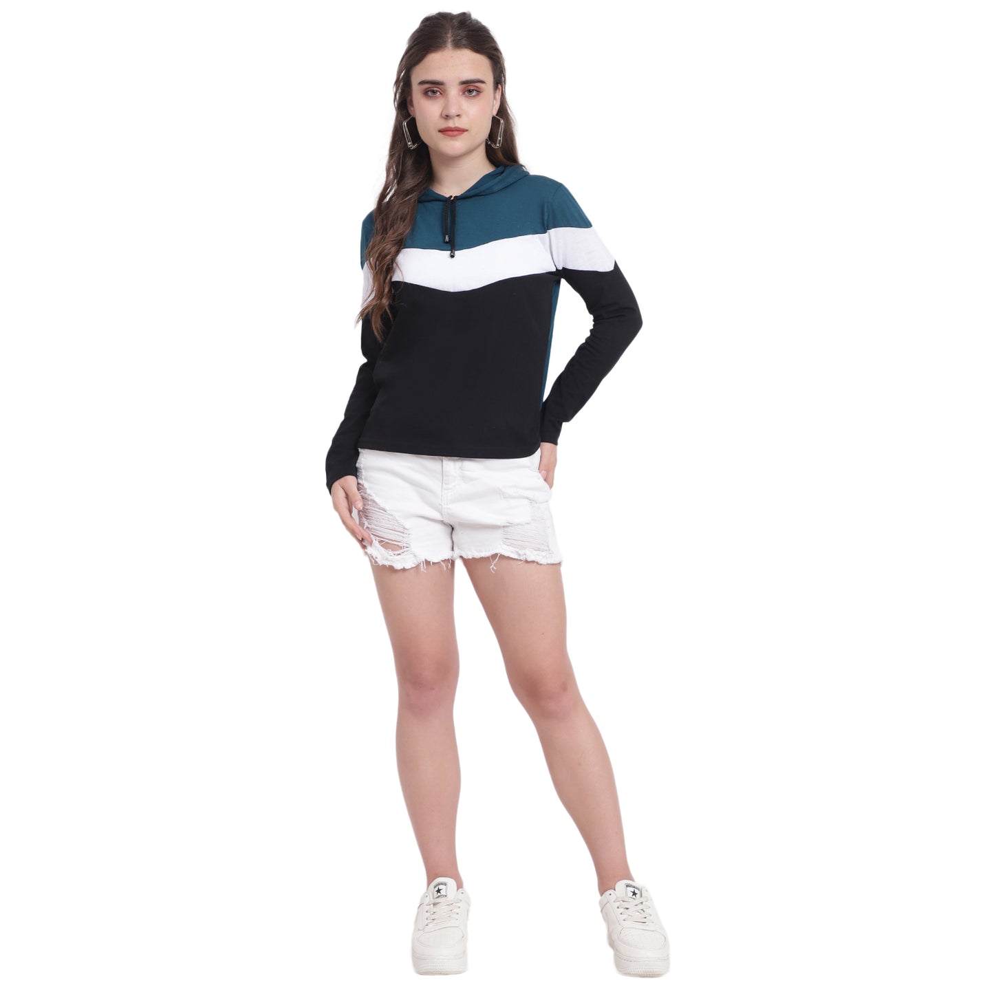 ✨ Style Meets Comfort – Women’s Colorblock Hoodie Cotton T-Shirt