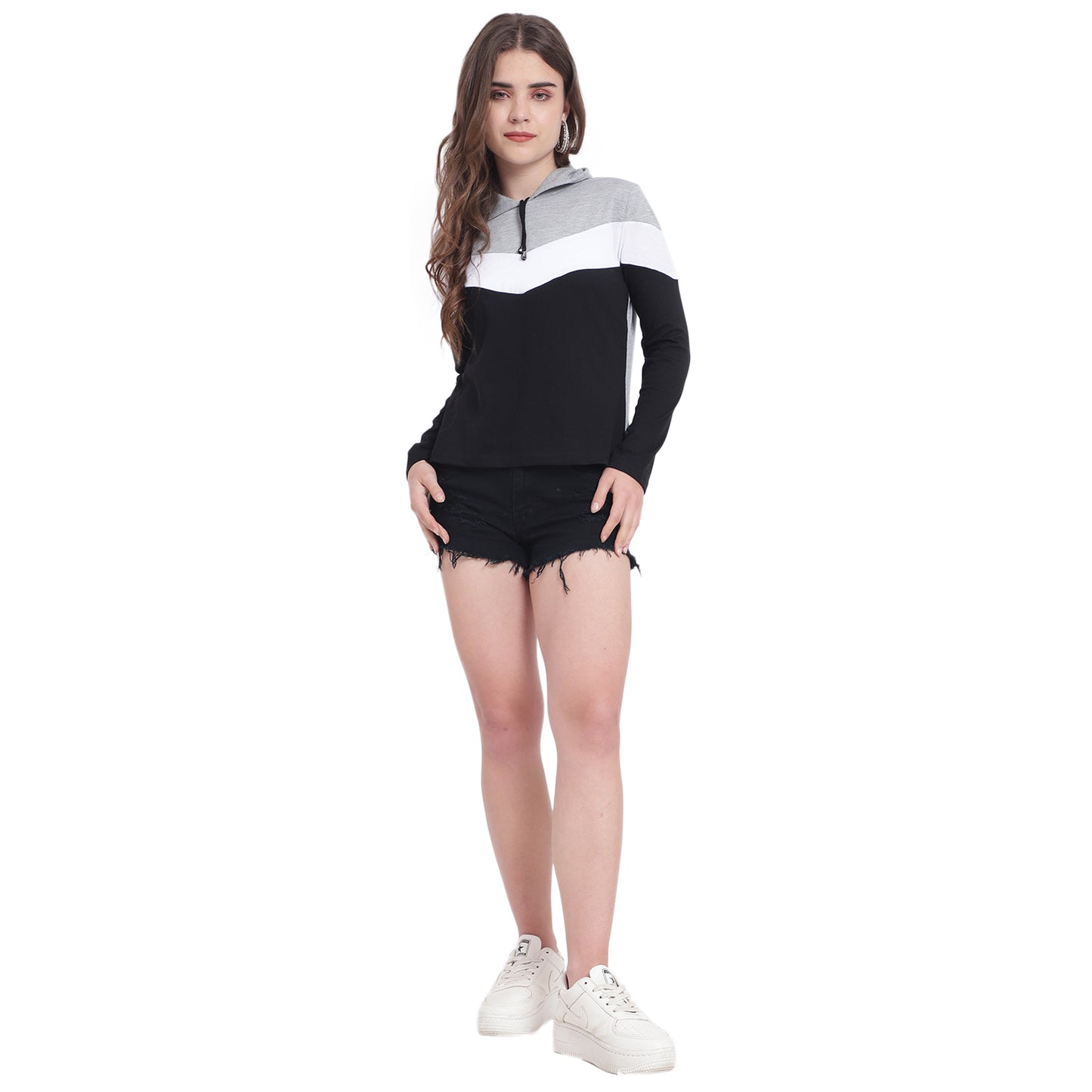 Trendy Meets Timeless – Women’s Colorblock Cotton Hoodie T-Shirt