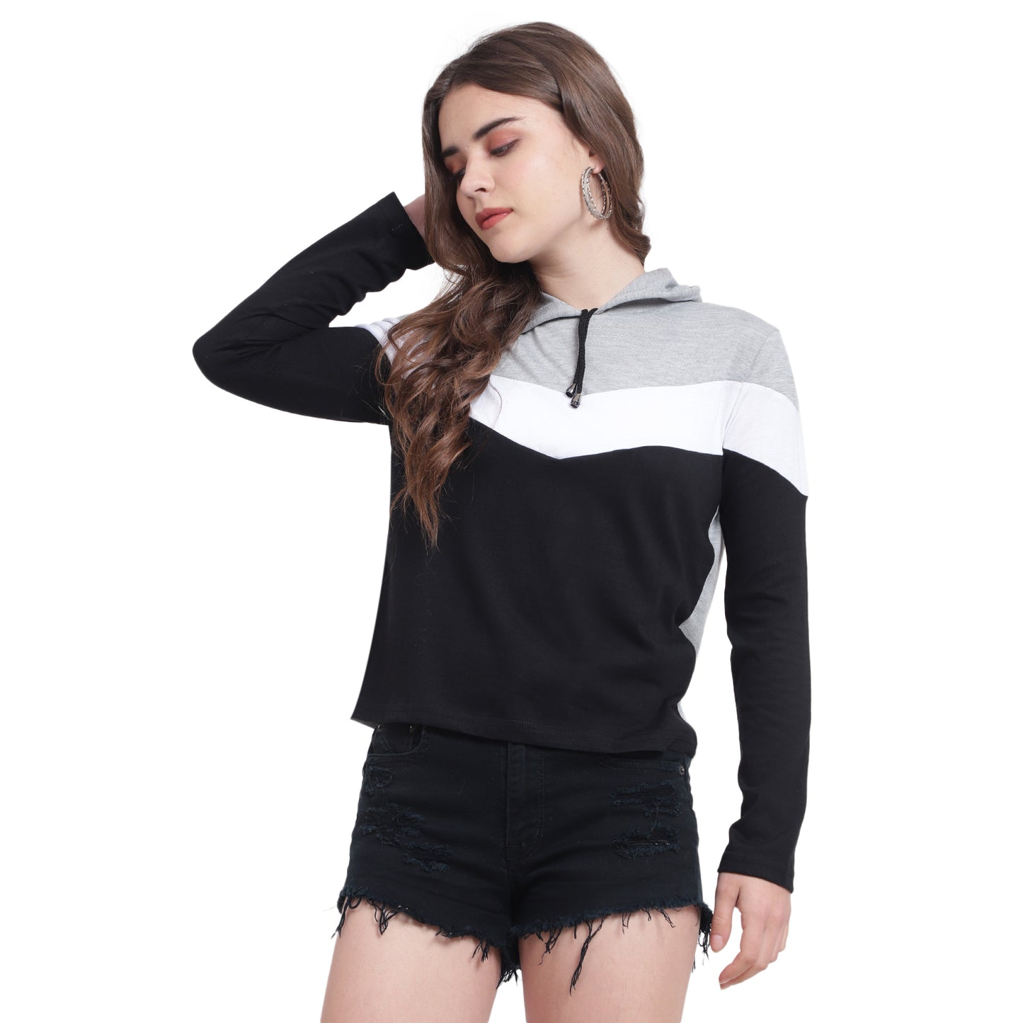 Trendy Meets Timeless – Women’s Colorblock Cotton Hoodie T-Shirt
