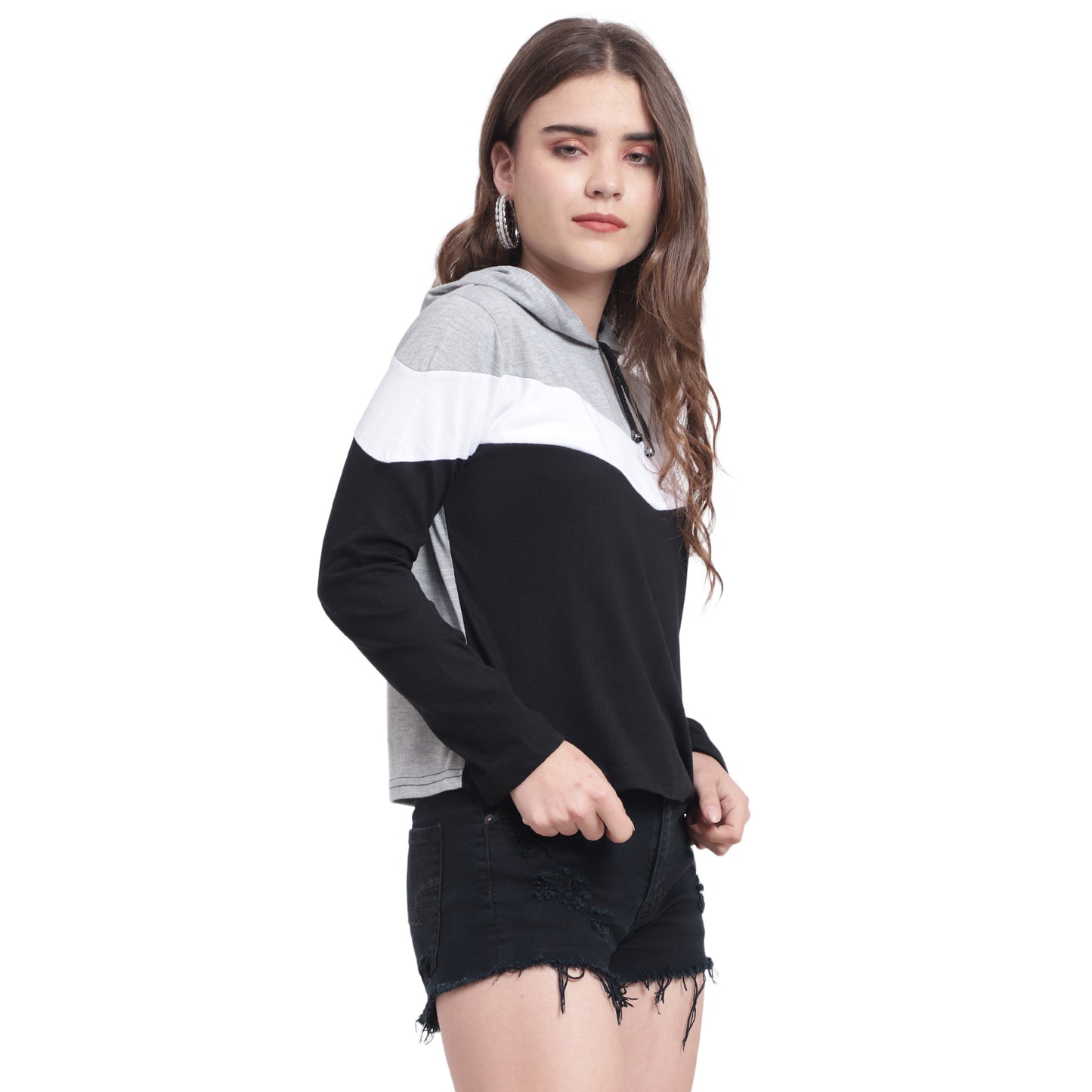 Trendy Meets Timeless – Women’s Colorblock Cotton Hoodie T-Shirt