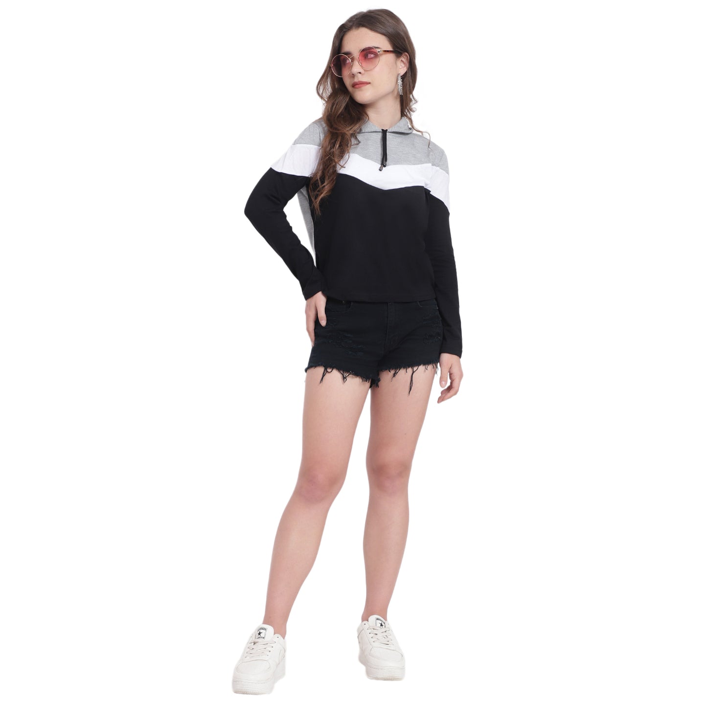Trendy Meets Timeless – Women’s Colorblock Cotton Hoodie T-Shirt