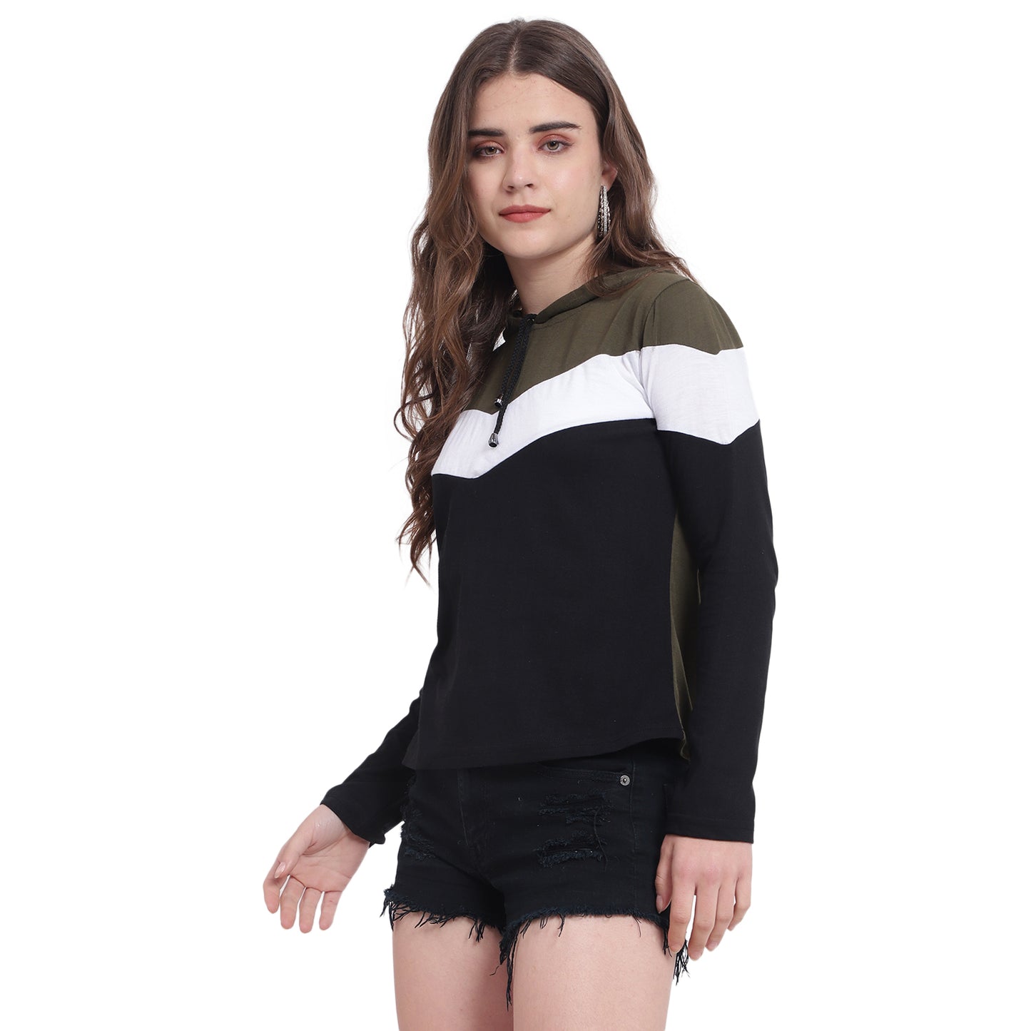 💚 Sleek. Soft. Statement – Olive Colorblock Hoodie T-Shirt for Women
