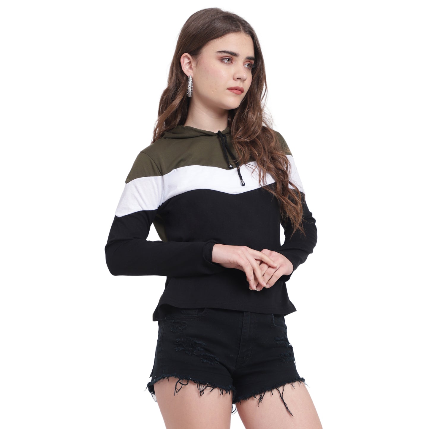💚 Sleek. Soft. Statement – Olive Colorblock Hoodie T-Shirt for Women