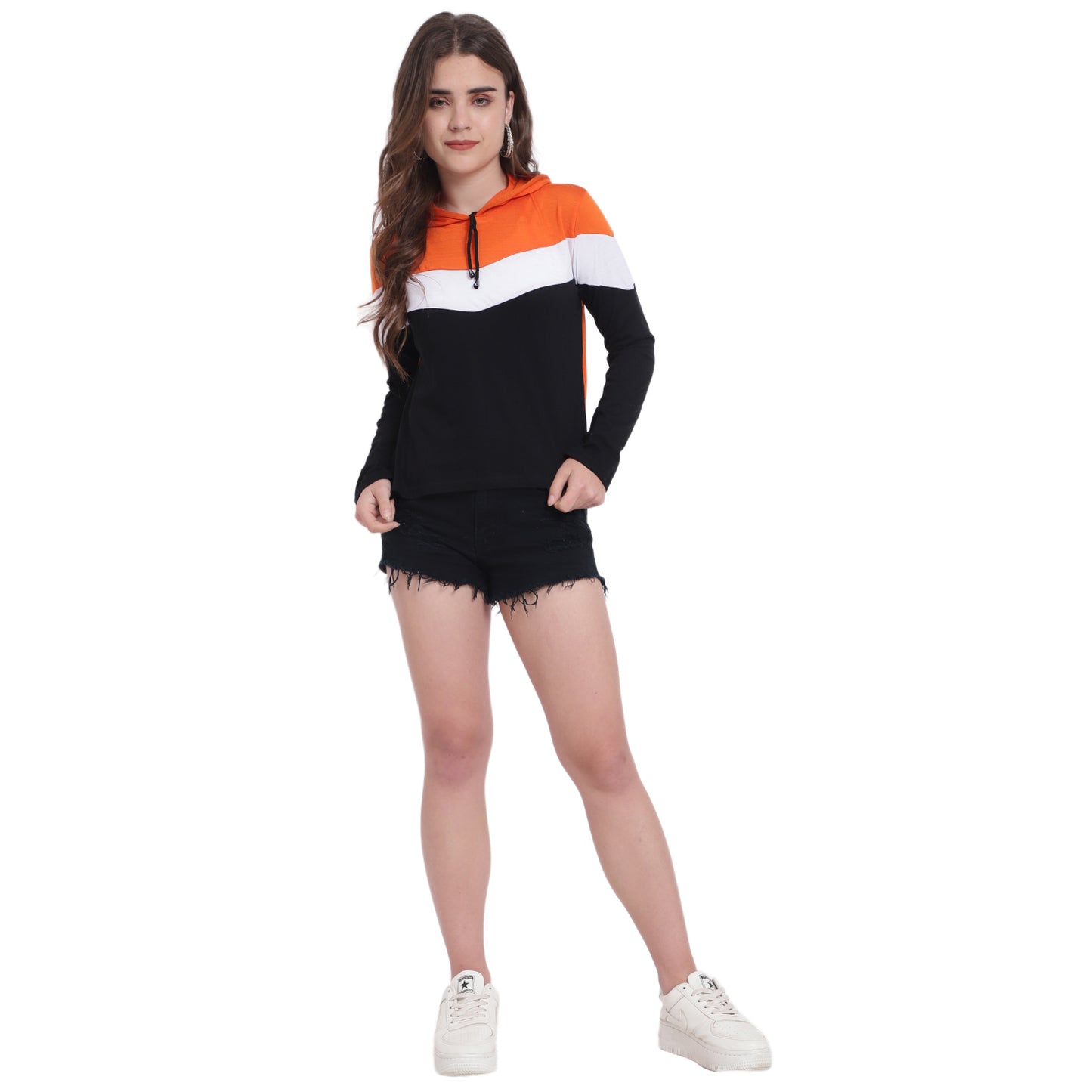 ❤️ Bold, Bright & Breezy – Red Colorblock Cotton Hoodie T-Shirt for Women