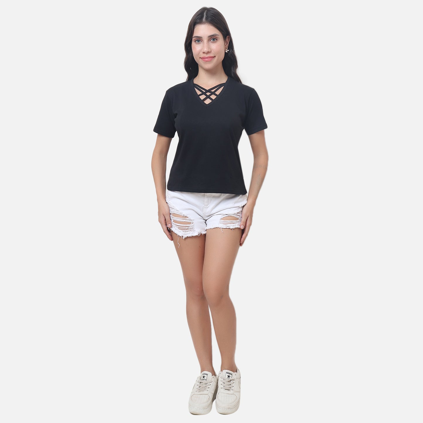 Chic Black Criss-Cross Neck T-Shirt Effortlessly Stylish