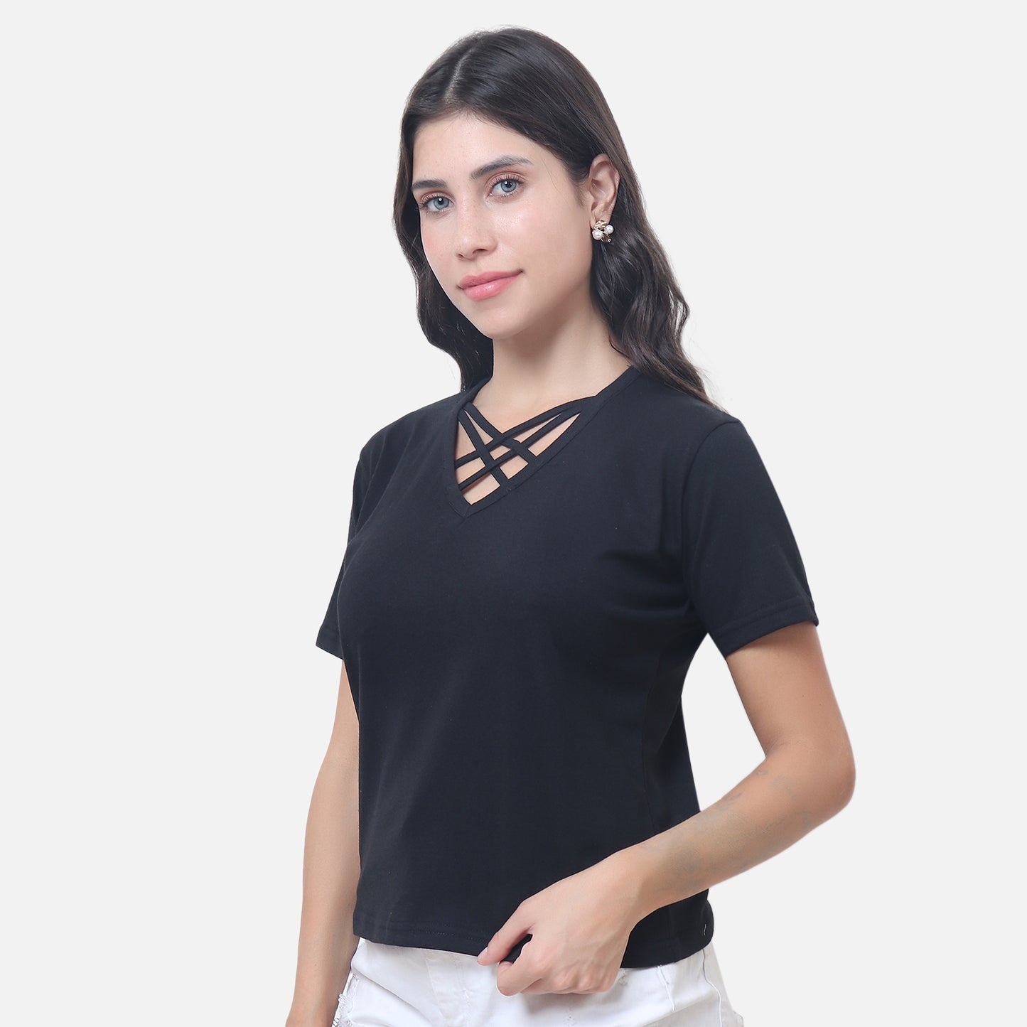 Chic Black Criss-Cross Neck T-Shirt Effortlessly Stylish