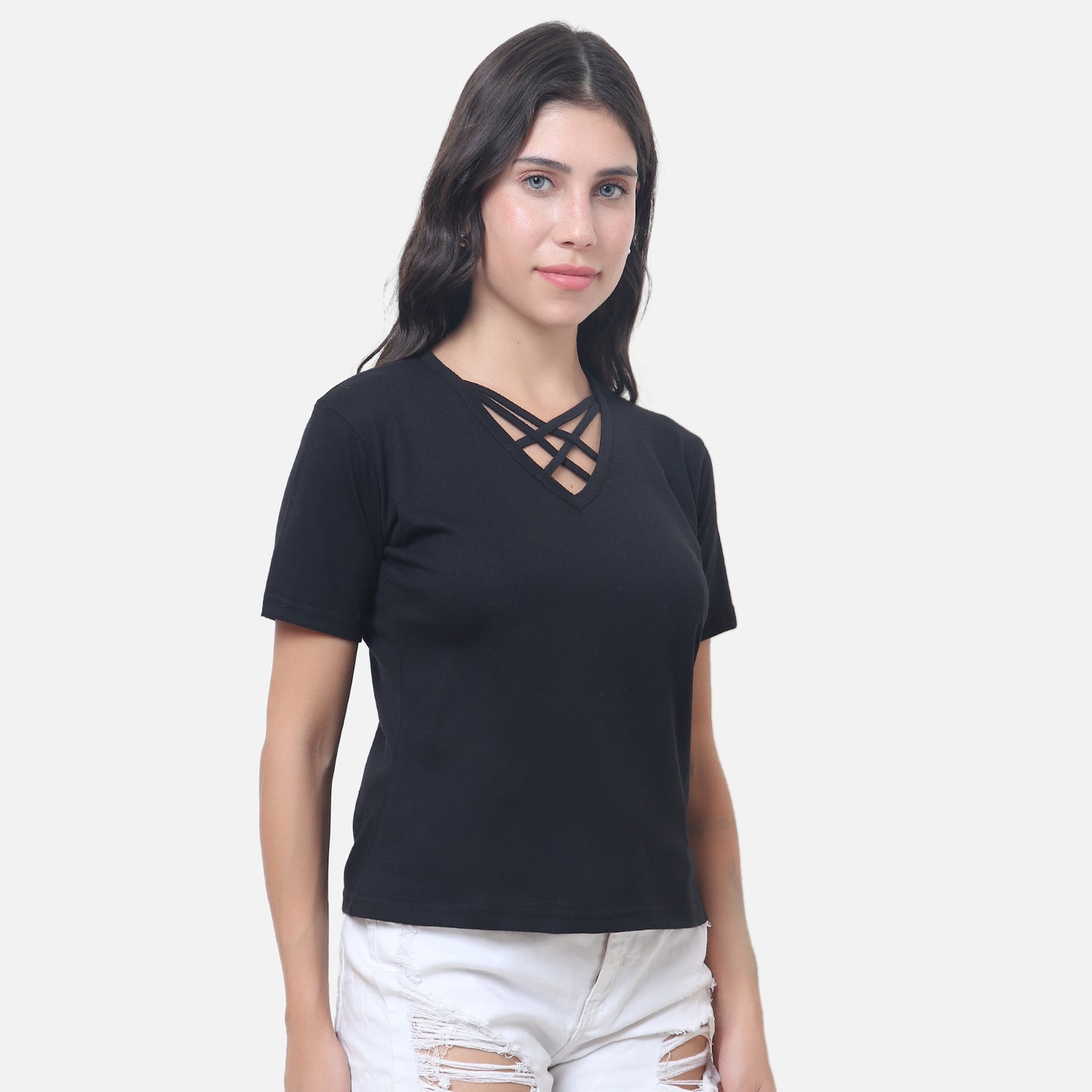 Chic Black Criss-Cross Neck T-Shirt Effortlessly Stylish