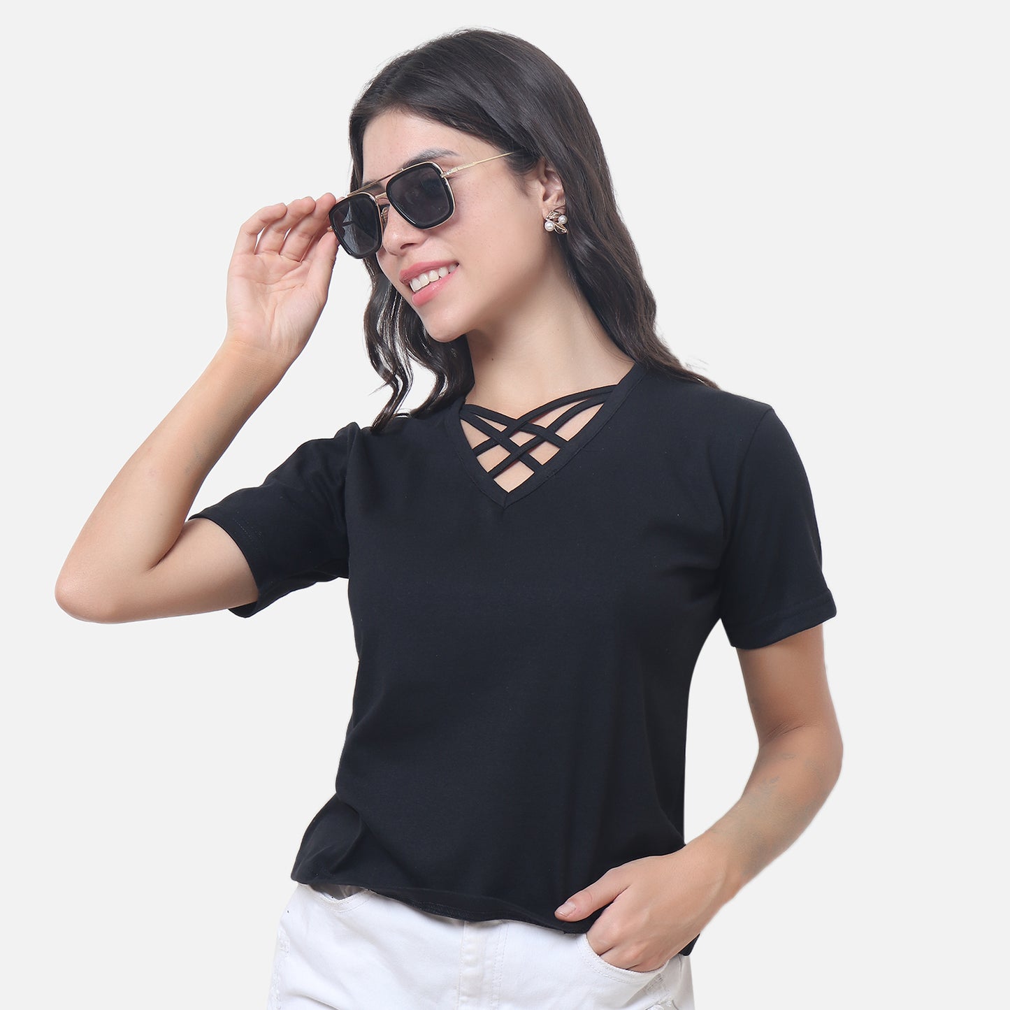 Chic Black Criss-Cross Neck T-Shirt Effortlessly Stylish