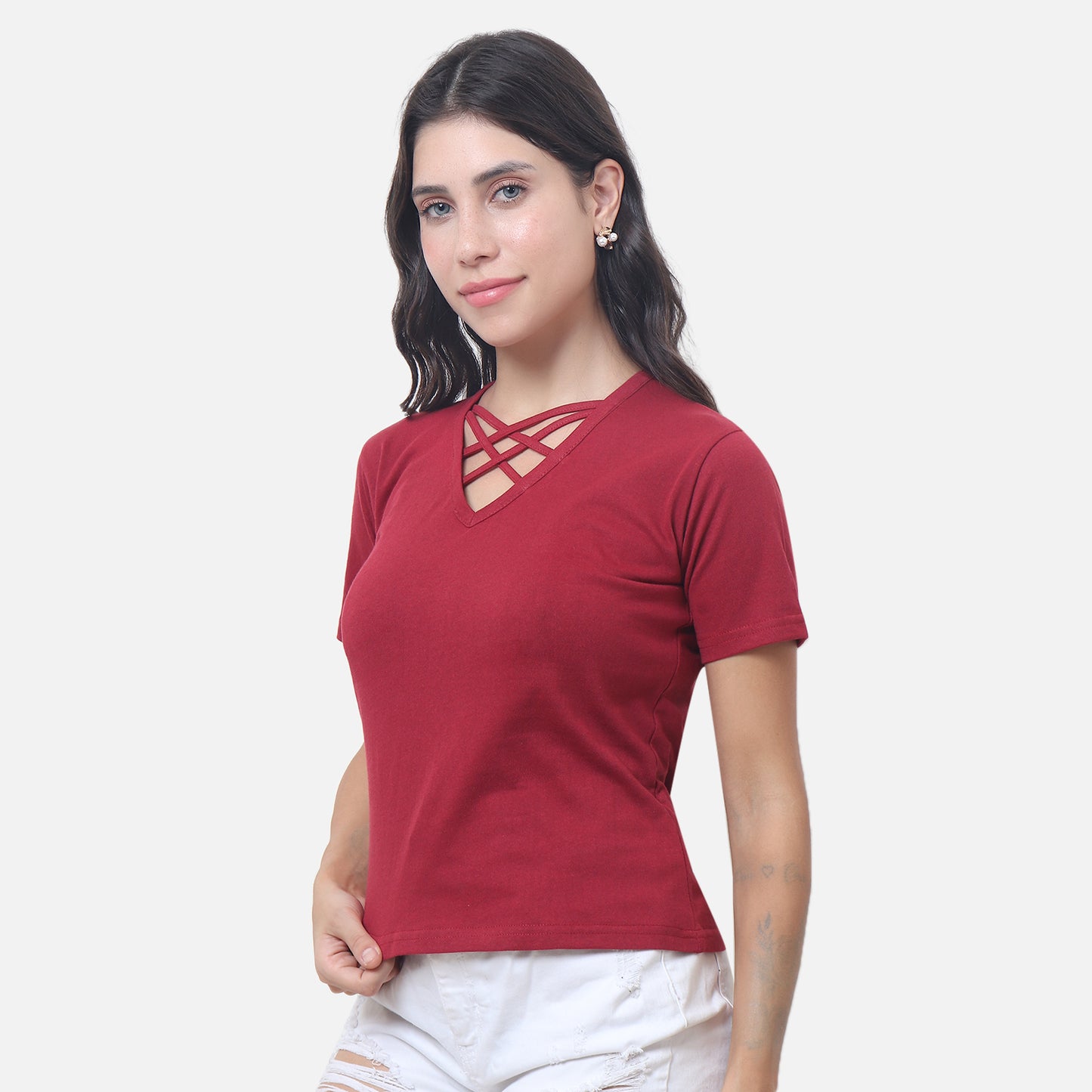 Elegant Maroon Criss-Cross Neck T-Shirt – Bold, Chic & Comfy