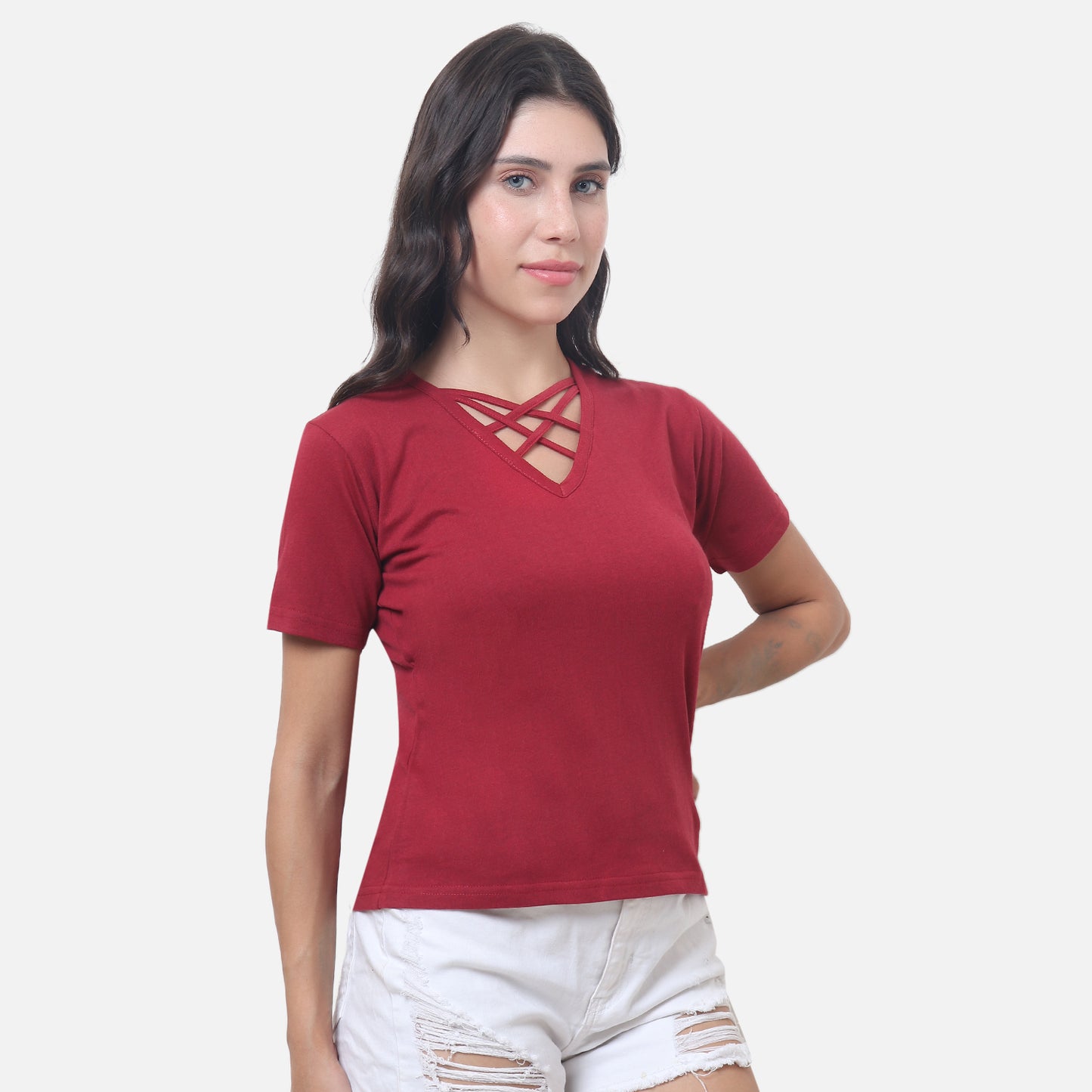 Elegant Maroon Criss-Cross Neck T-Shirt – Bold, Chic & Comfy