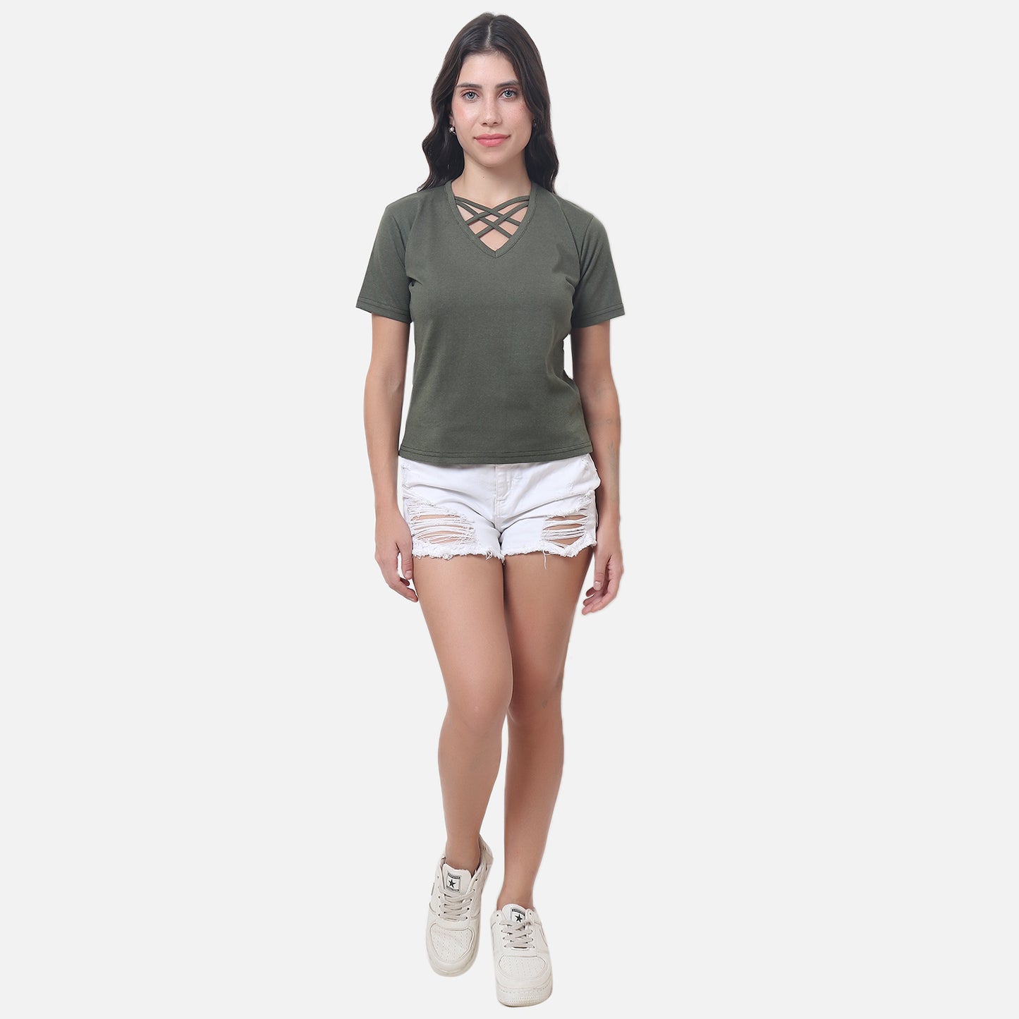 Olive Green Criss-Cross Neck T-Shirt – Cool, Casual & Effortlessly Stylish