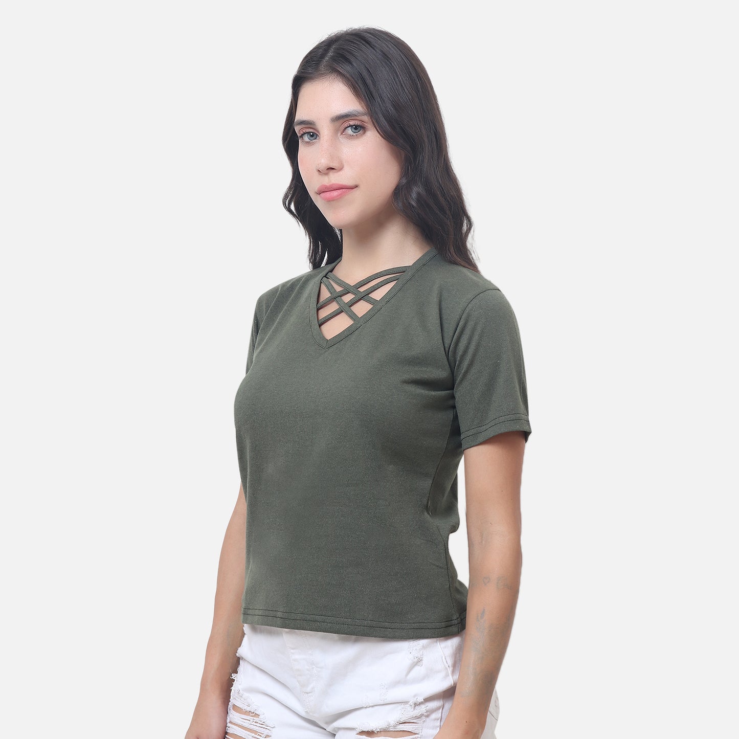 Olive Green Criss-Cross Neck T-Shirt – Cool, Casual & Effortlessly Stylish