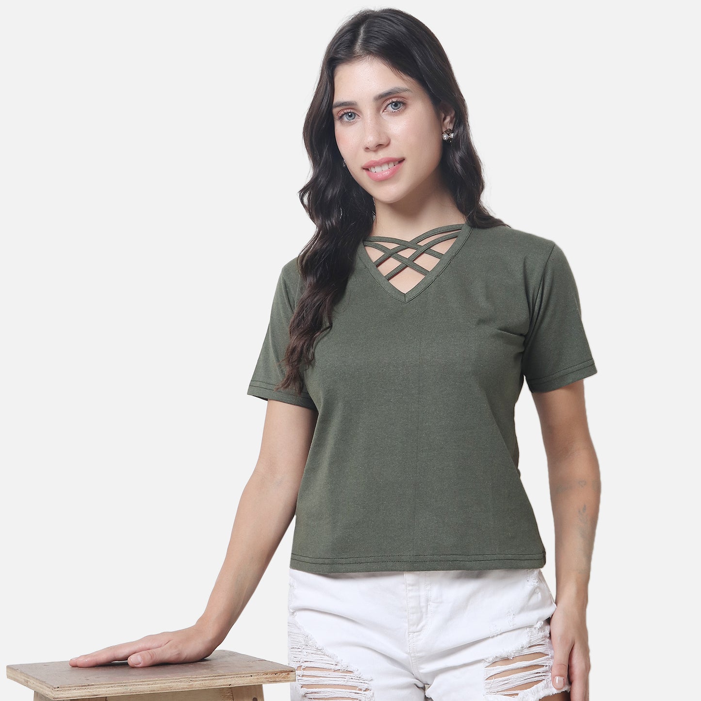 Olive Green Criss-Cross Neck T-Shirt – Cool, Casual & Effortlessly Stylish