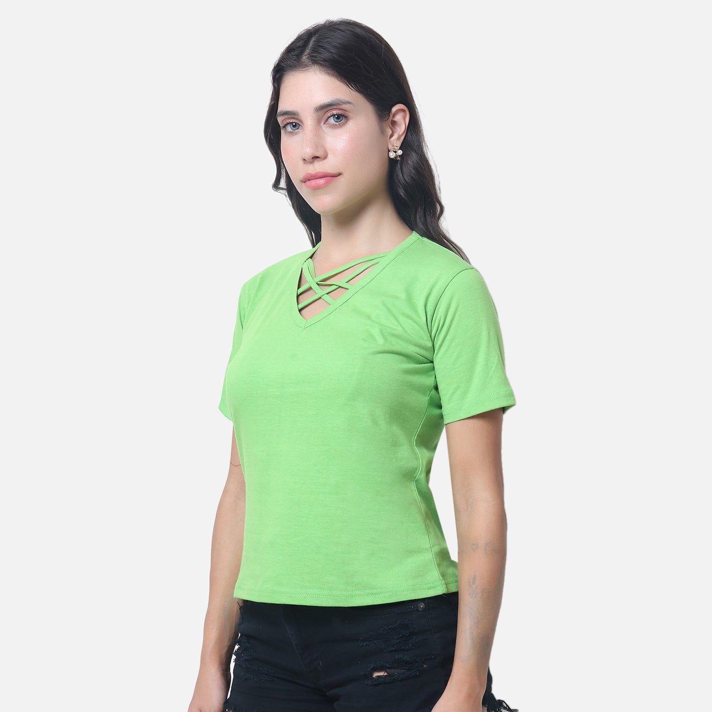 Women's Vibrant Green Criss-Cross Neckline T-Shirt
