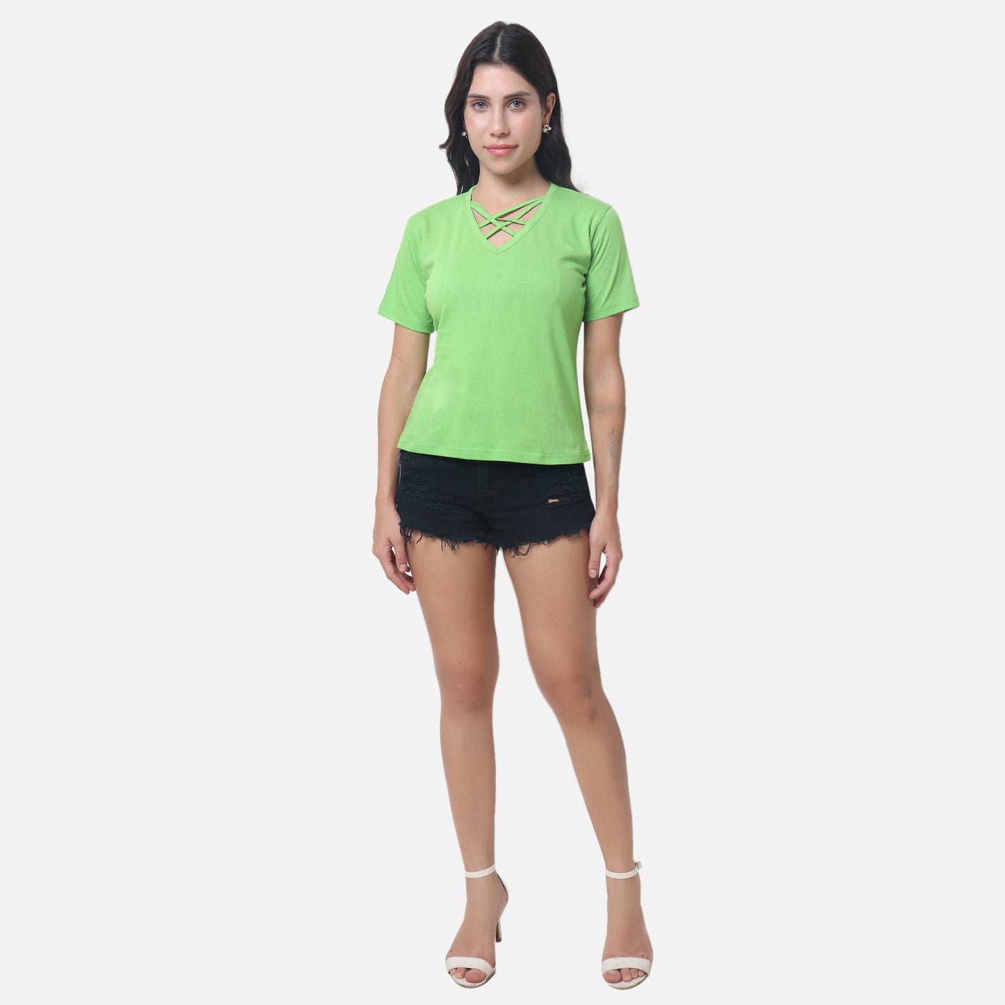 Women's Vibrant Green Criss-Cross Neckline T-Shirt