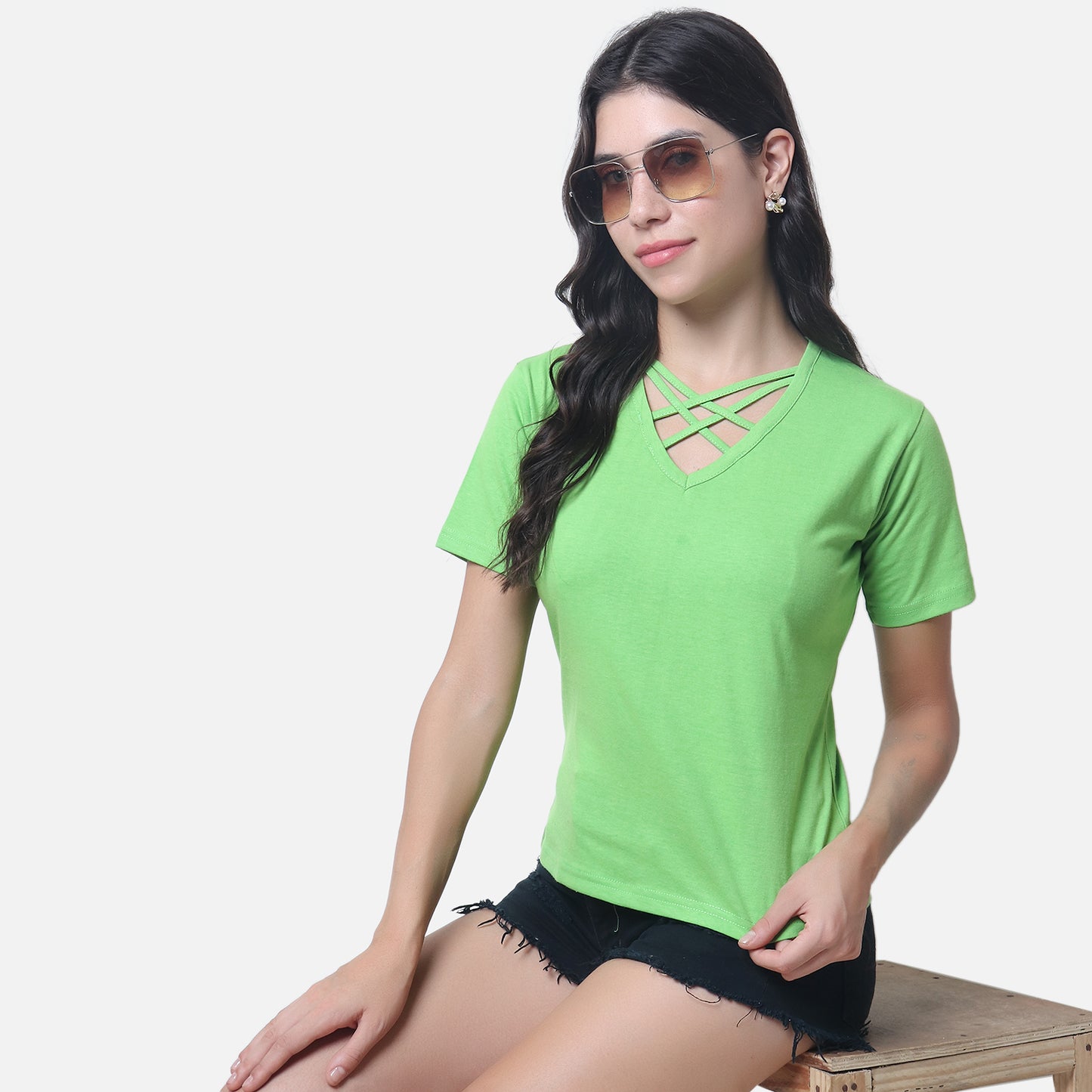 Women's Vibrant Green Criss-Cross Neckline T-Shirt