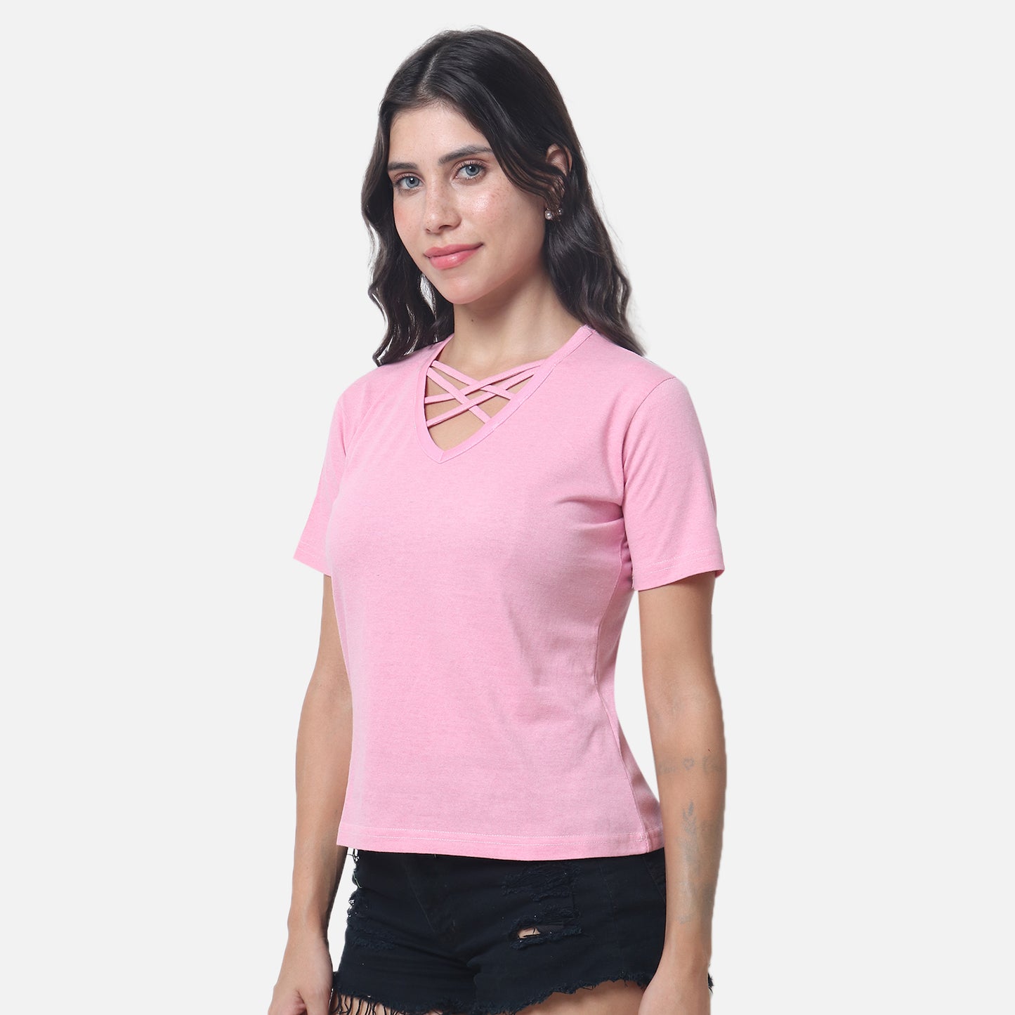 Women's Soft Pink Criss-Cross Neckline T-Shirt