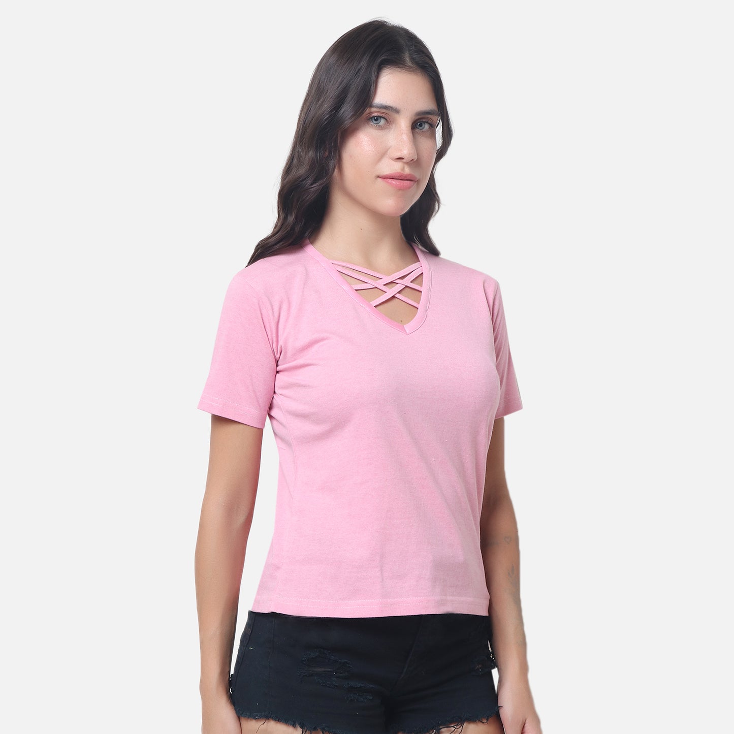 Women's Soft Pink Criss-Cross Neckline T-Shirt