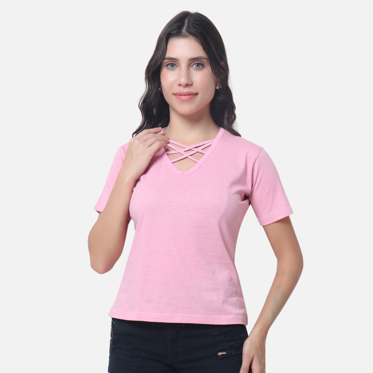 Women's Soft Pink Criss-Cross Neckline T-Shirt
