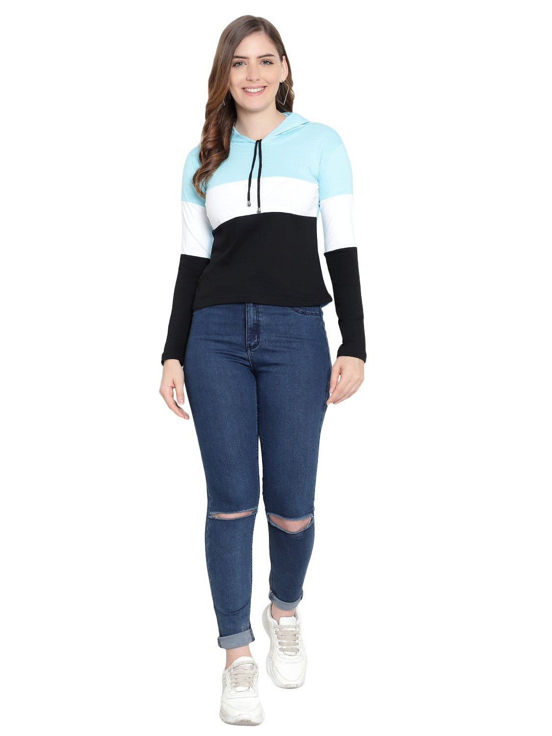 Women's Full-Sleeve Hoodie T-Shirt – Sky Blue Cotton Color Block Solid Tee