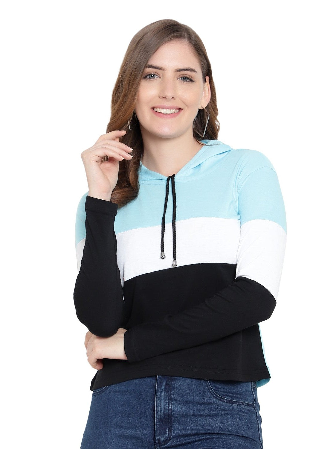 Women's Full-Sleeve Hoodie T-Shirt – Sky Blue Cotton Color Block Solid Tee