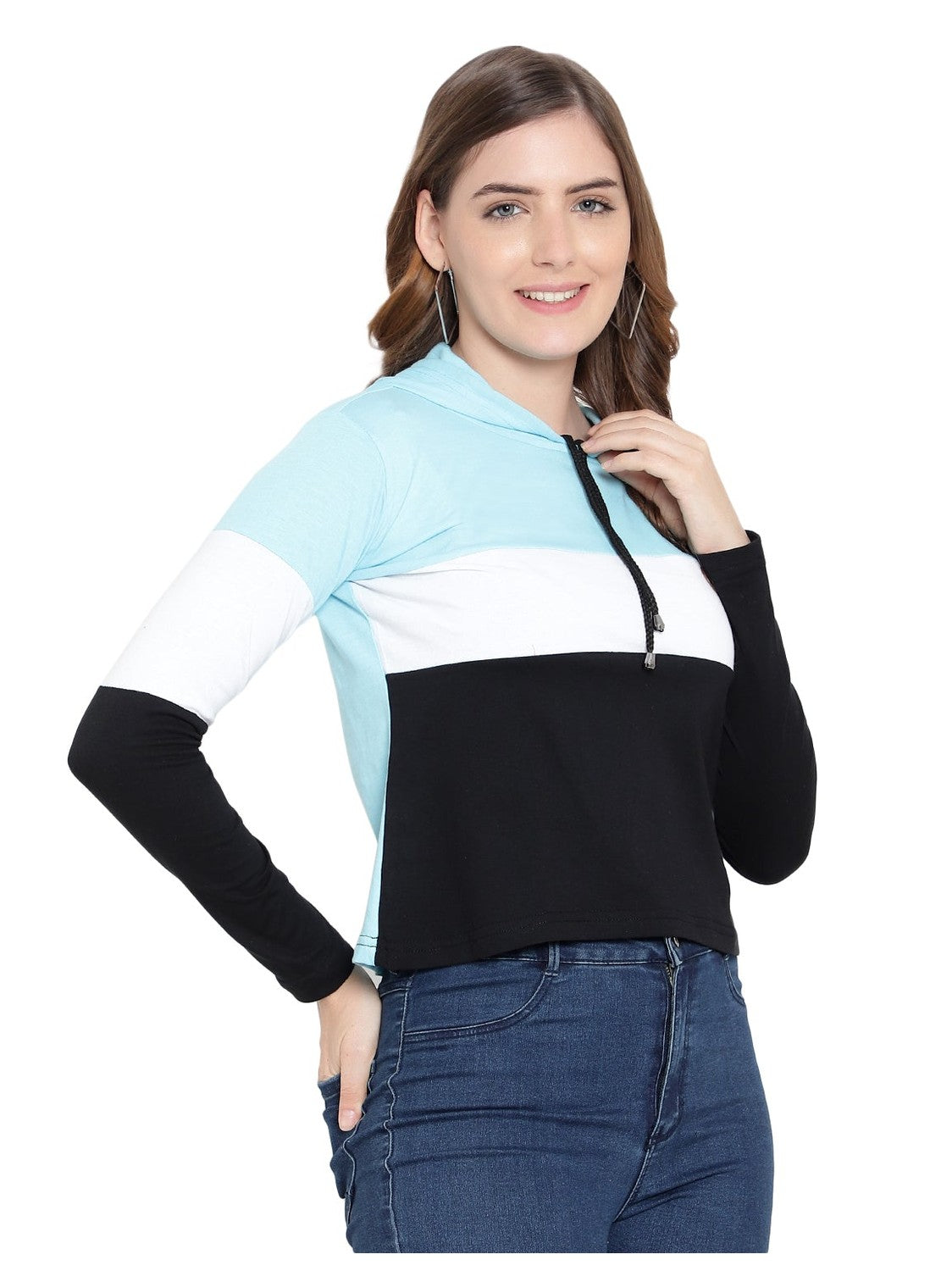 Women's Full-Sleeve Hoodie T-Shirt – Sky Blue Cotton Color Block Solid Tee